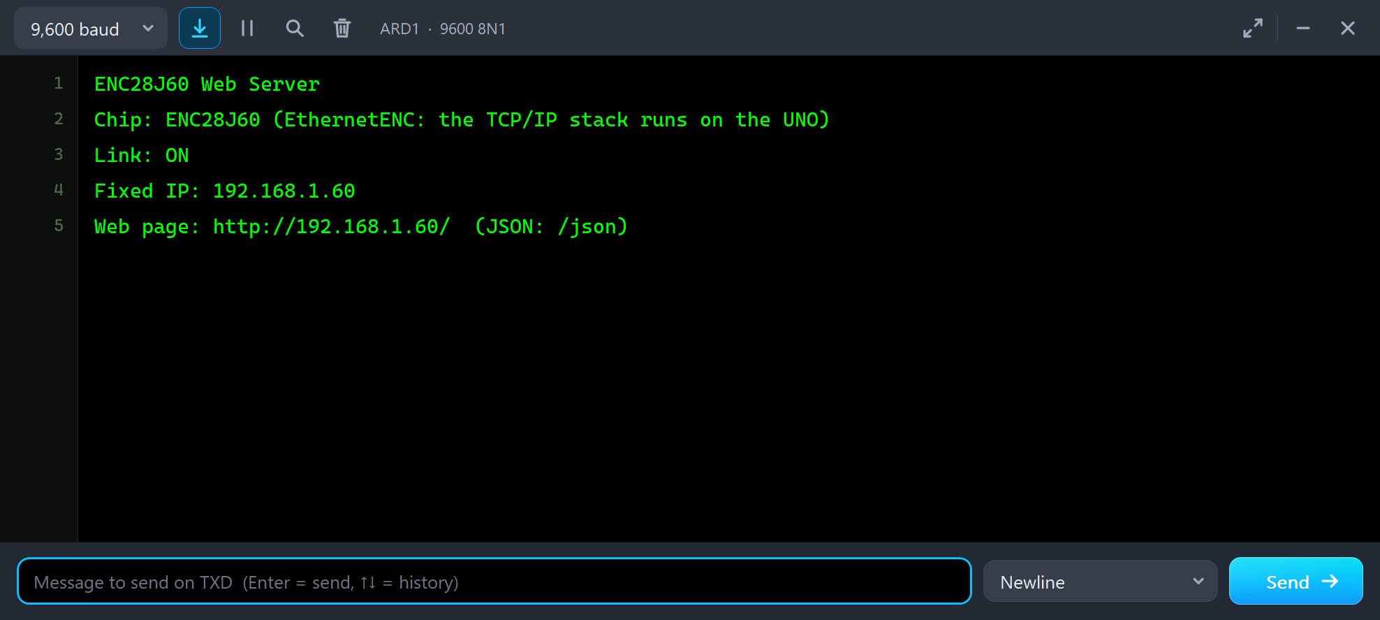 Arduino UNO serial monitor in Proteus: the ENC28J60 found, the link on, the fixed IP and the web page address