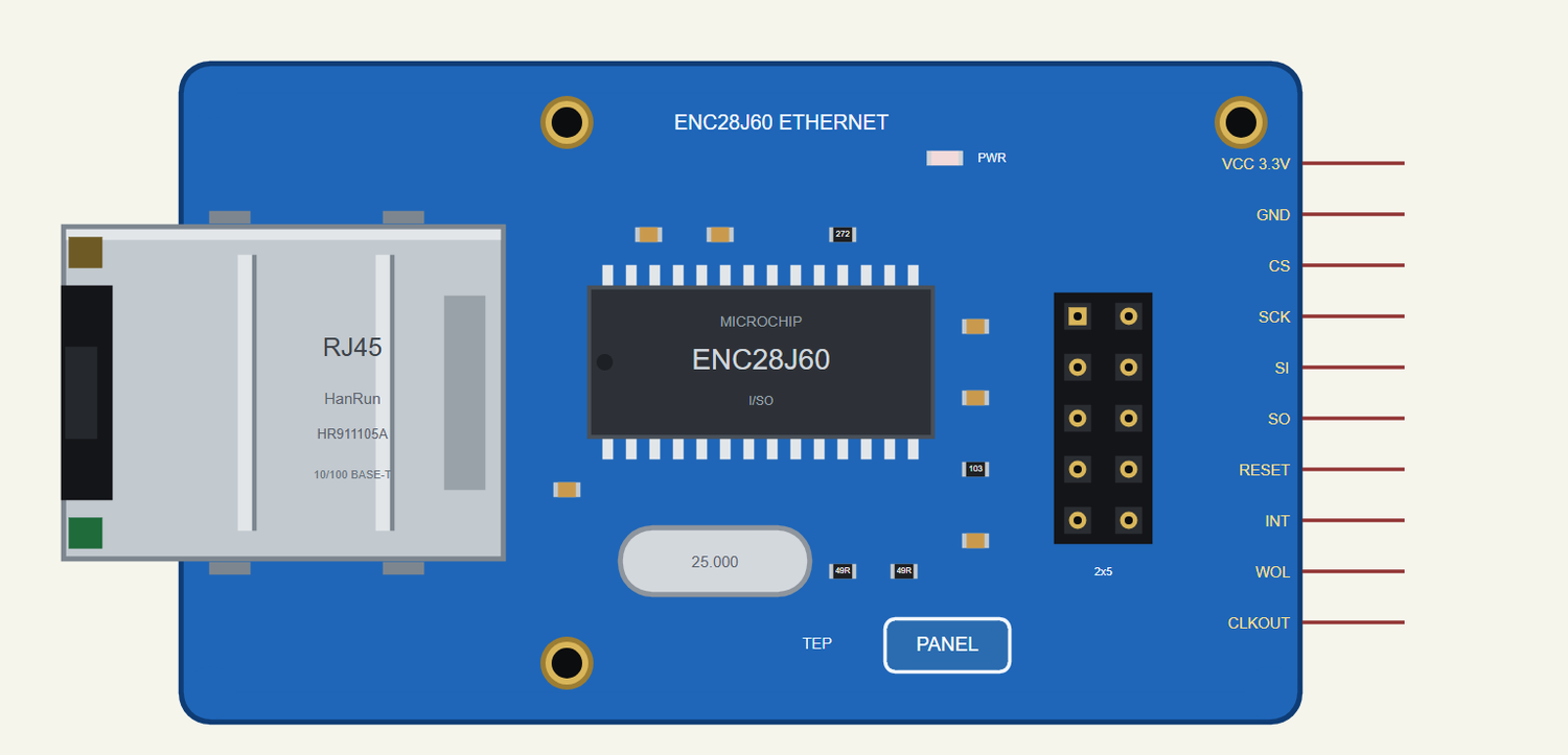 ENC28J60 Ethernet Module in Proteus: the RJ45 jack, the ENC28J60, its crystal, the PWR LED and the 2x5 header