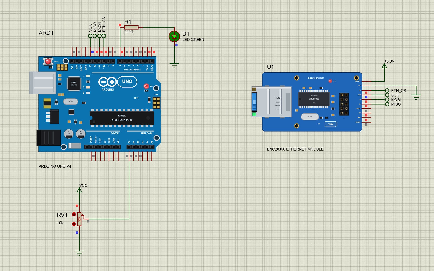 ENC28J60 Ethernet Module circuit in Proteus: the UNO, the pot, the LED and the module joined by SPI and CS labels