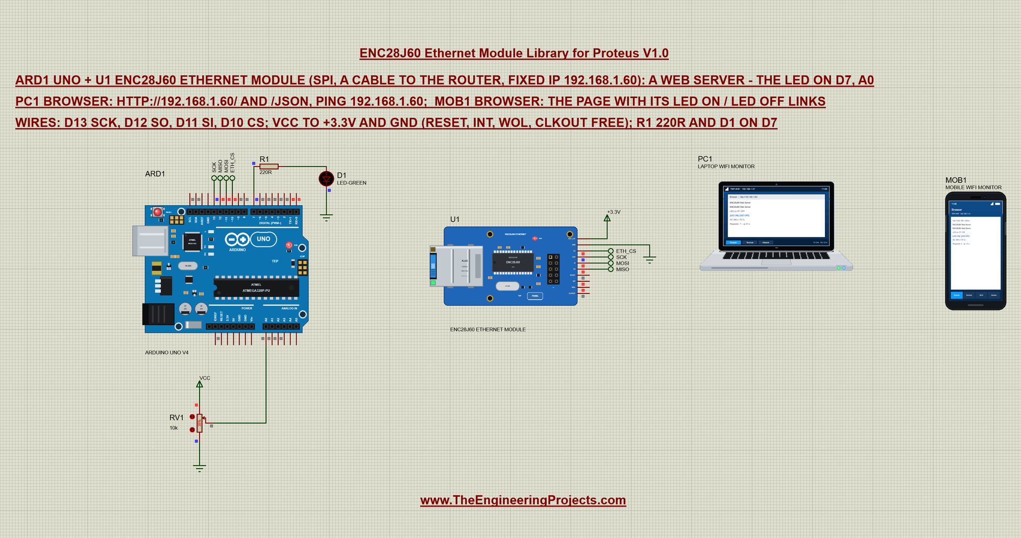 ENC28J60 Ethernet Module Proteus simulation: a web server with an Arduino UNO, the Laptop WiFi Monitor and the Mobile WiFi Monitor