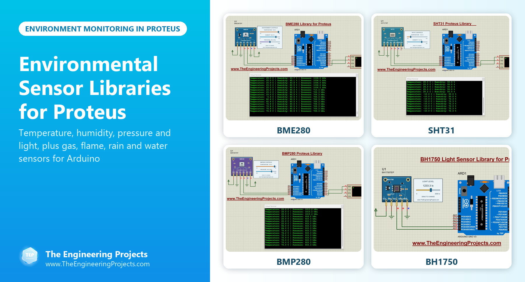Environmental Sensor Libraries for Proteus: temperature, humidity, pressure and light sensors with Arduino
