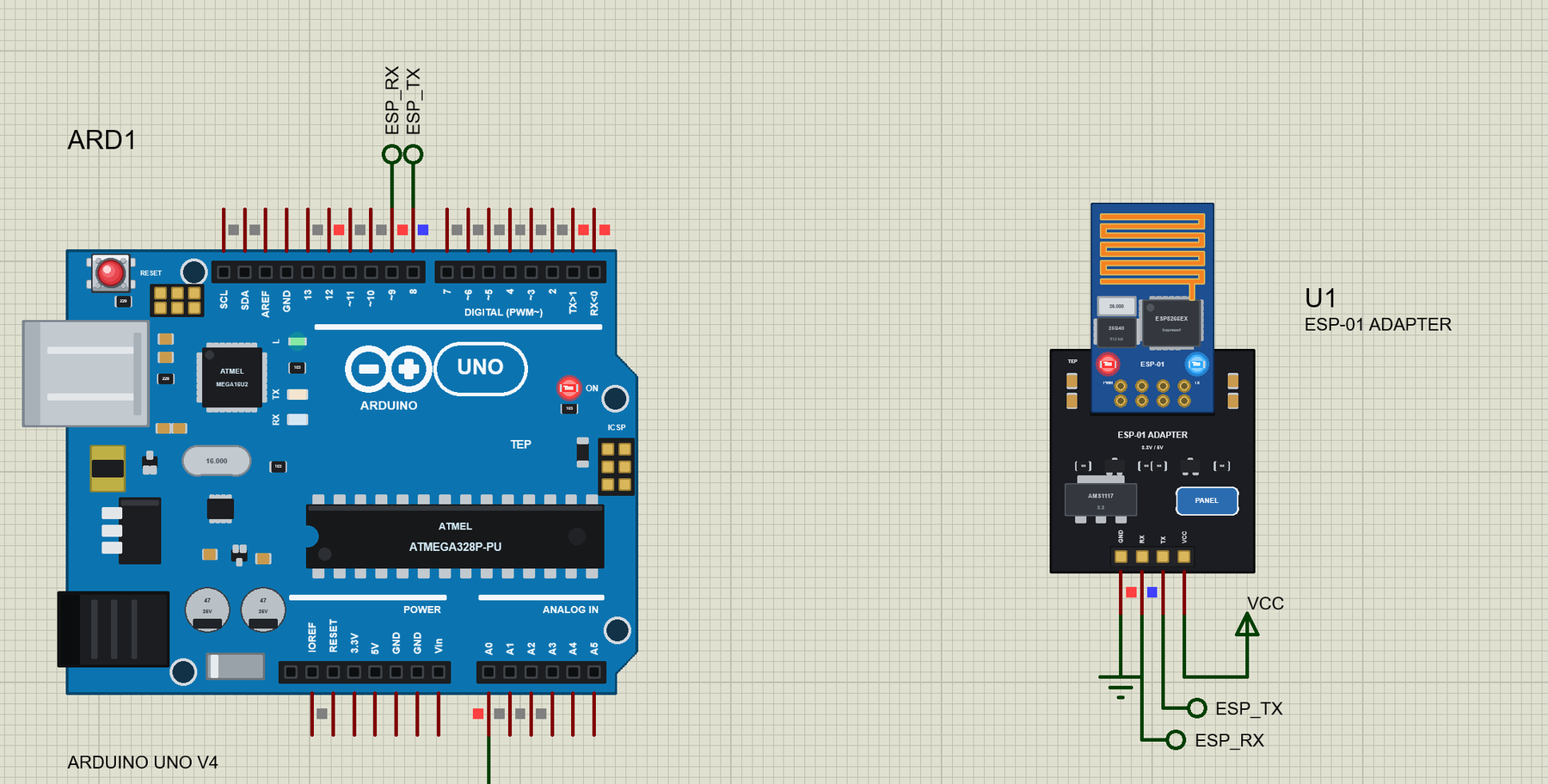 ESP-01 Adapter Library for Proteus: the ESP8266 ESP-01 on its 5 V adapter next to the Arduino UNO