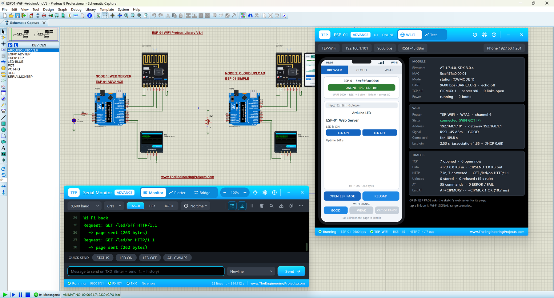 ESP-01 Library for Proteus V1.1: two Arduino UNOs, the ESP-01 Advance pop-up with the LED web page and the TEP Serial Monitor showing the web requests