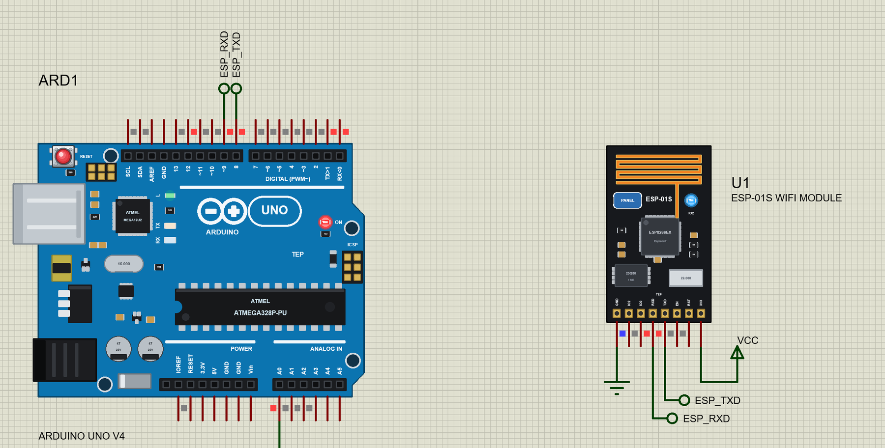 ESP-01S Library for Proteus: the ESP8266 ESP-01S Wi-Fi module next to the Arduino UNO, blue LED on