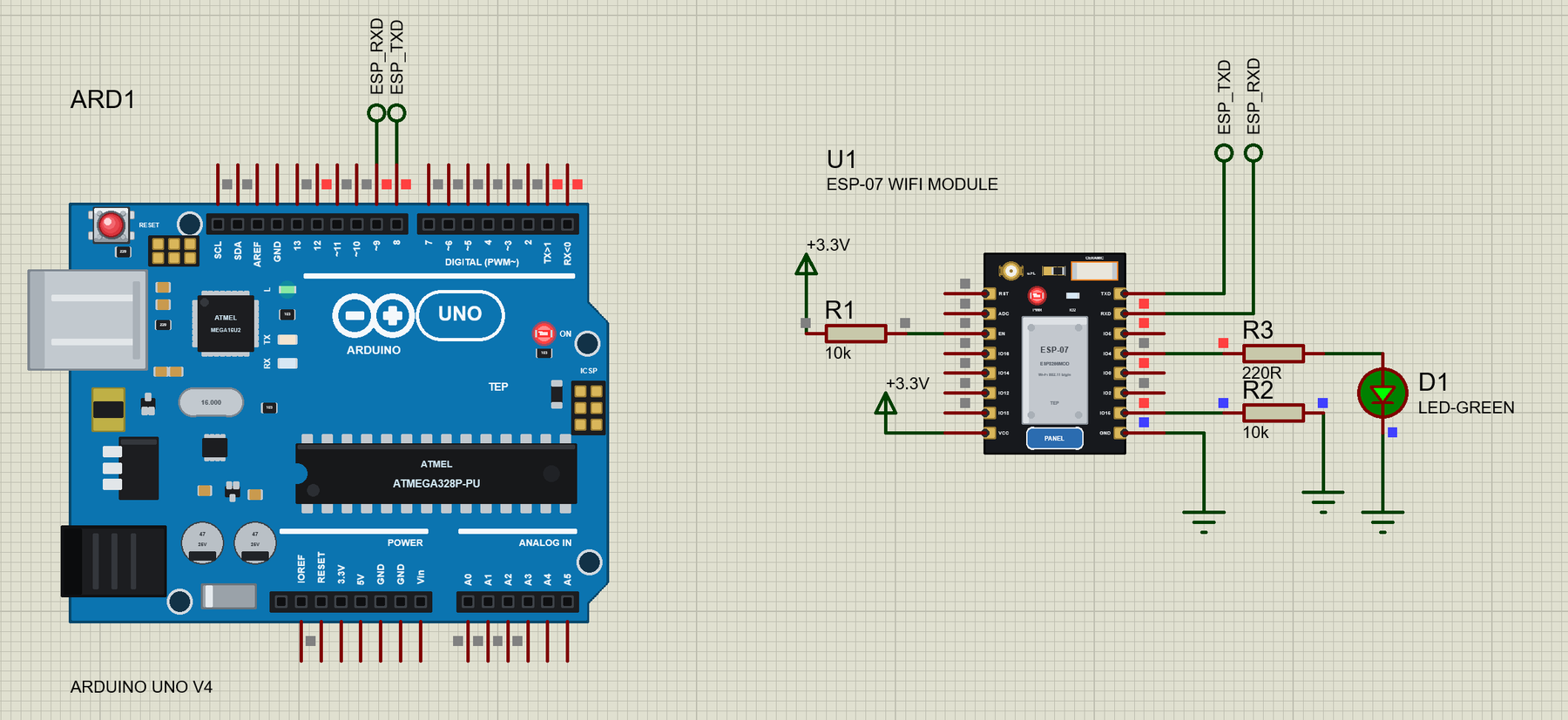 ESP-07 Library for Proteus: the ESP8266 ESP-07 Wi-Fi module with an Arduino UNO and an LED on GPIO4