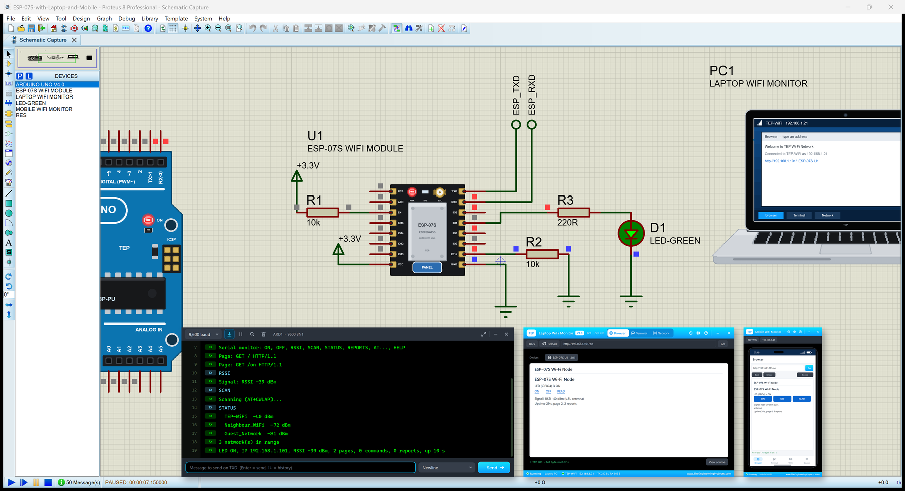 ESP-07S Library for Proteus: the ESP8266 ESP-07S Wi-Fi module with an Arduino UNO, the Laptop and Mobile WiFi Monitors