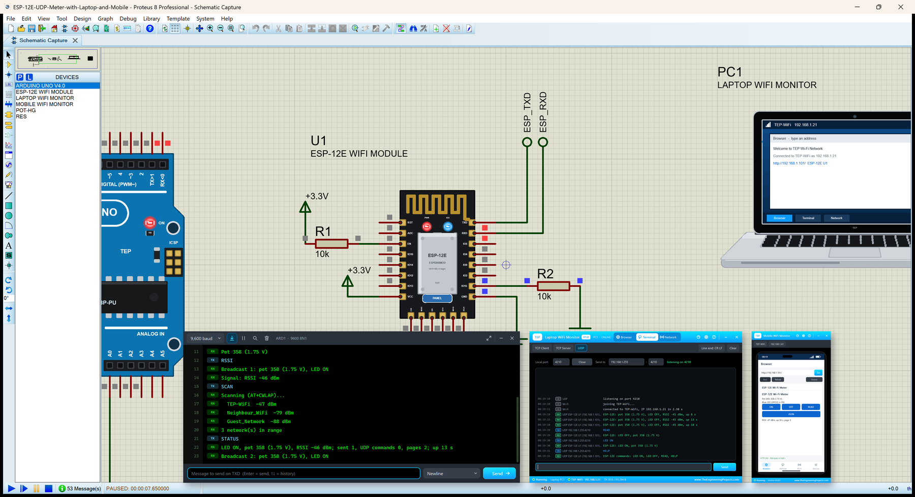 ESP-12E Library for Proteus: the ESP8266 ESP-12E Wi-Fi module with an Arduino UNO, the Laptop and Mobile WiFi Monitors