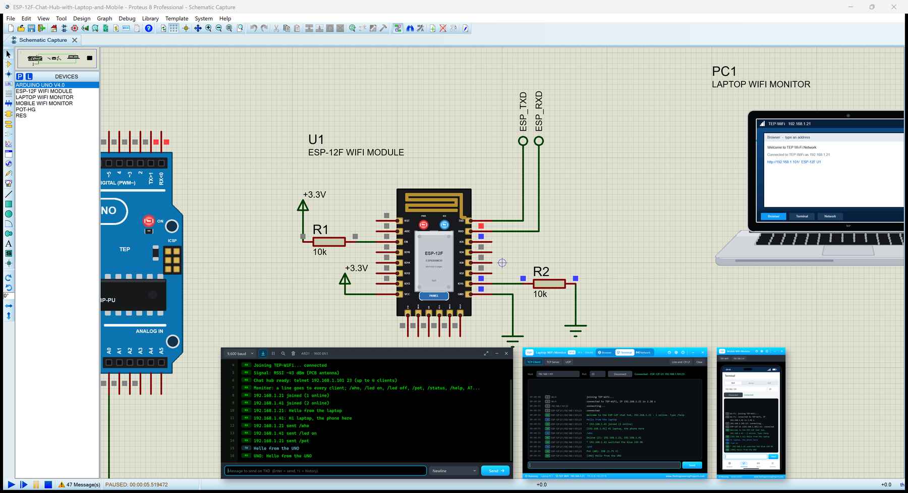 ESP-12F Library for Proteus: the ESP8266 ESP-12F Wi-Fi module with an Arduino UNO, the Laptop and Mobile WiFi Monitors
