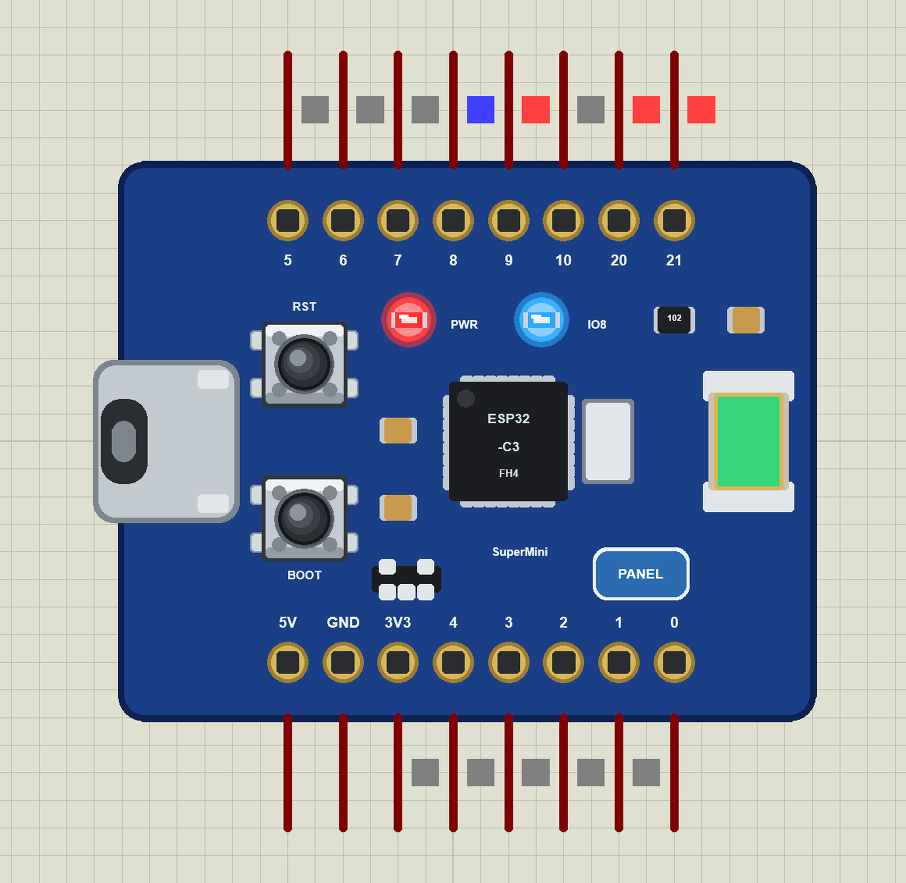 ESP32-C3 SuperMini Library for Proteus: the tiny 16-pin board with its blue LED lit
