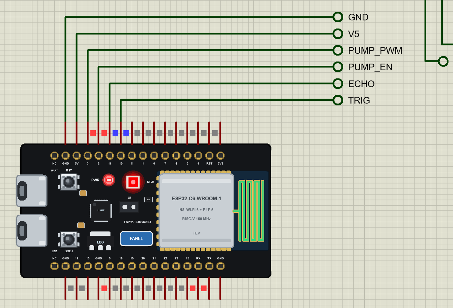 ESP32-C6 DevKitC-1 Library for Proteus: a water tank pump with a JSN-SR04T and a BTS7960 on Wi-Fi