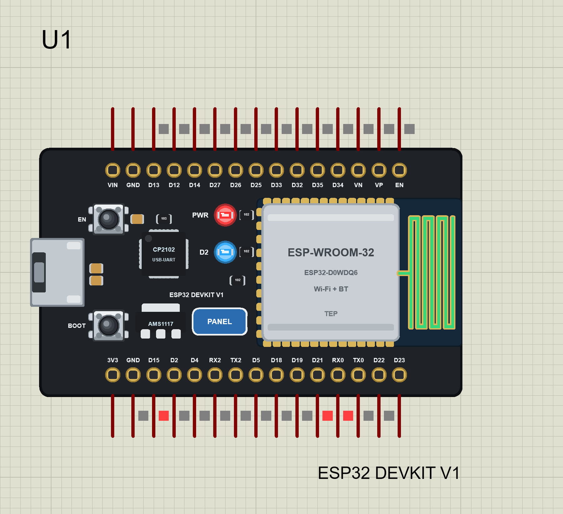 ESP32 DevKit V1 Library for Proteus V2.0: the board on Wi-Fi with its blue D2 LED on