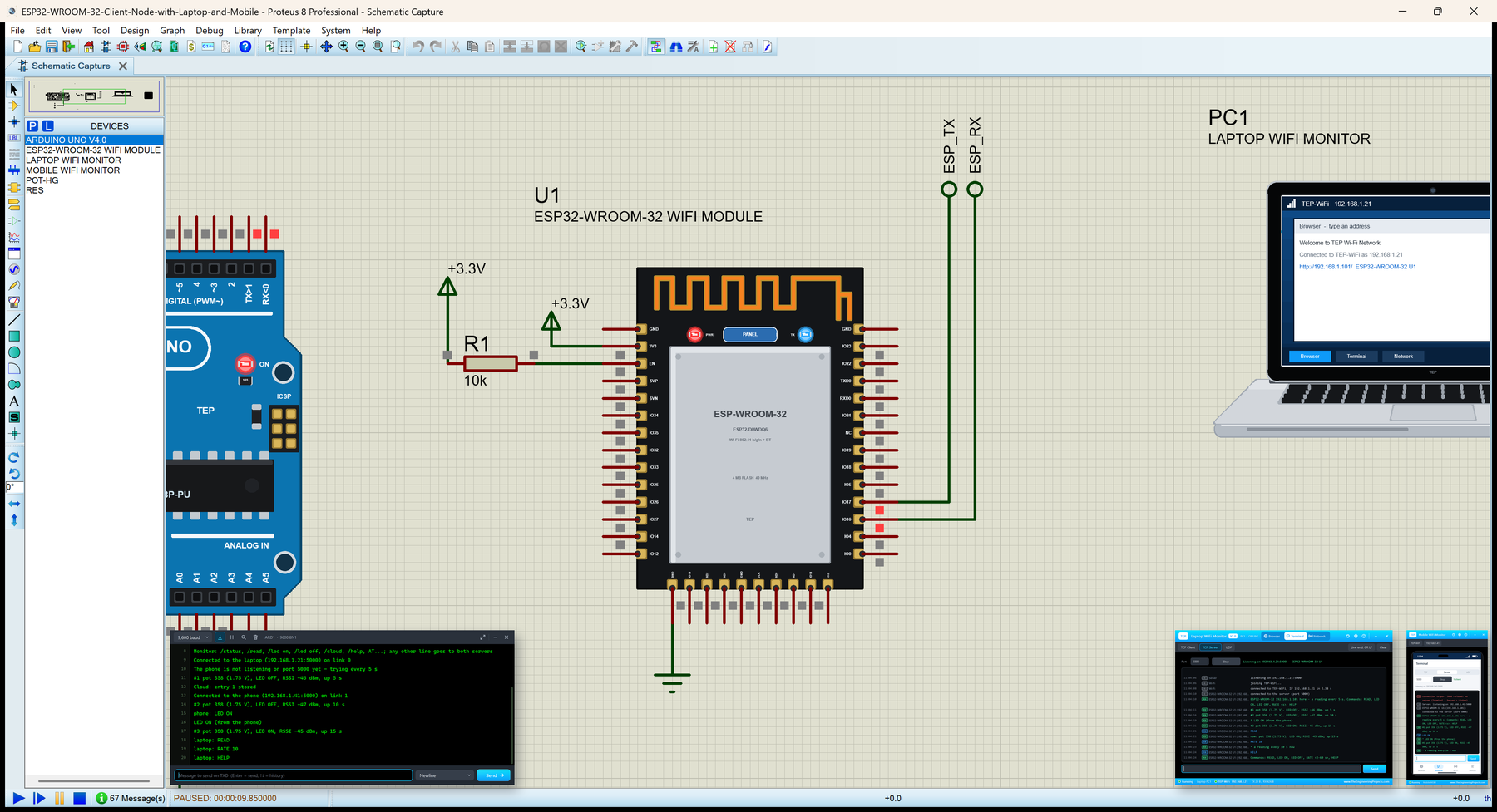 ESP32-WROOM-32 Library for Proteus: the ESP32 Wi-Fi module with an Arduino UNO, the Laptop and Mobile WiFi Monitors