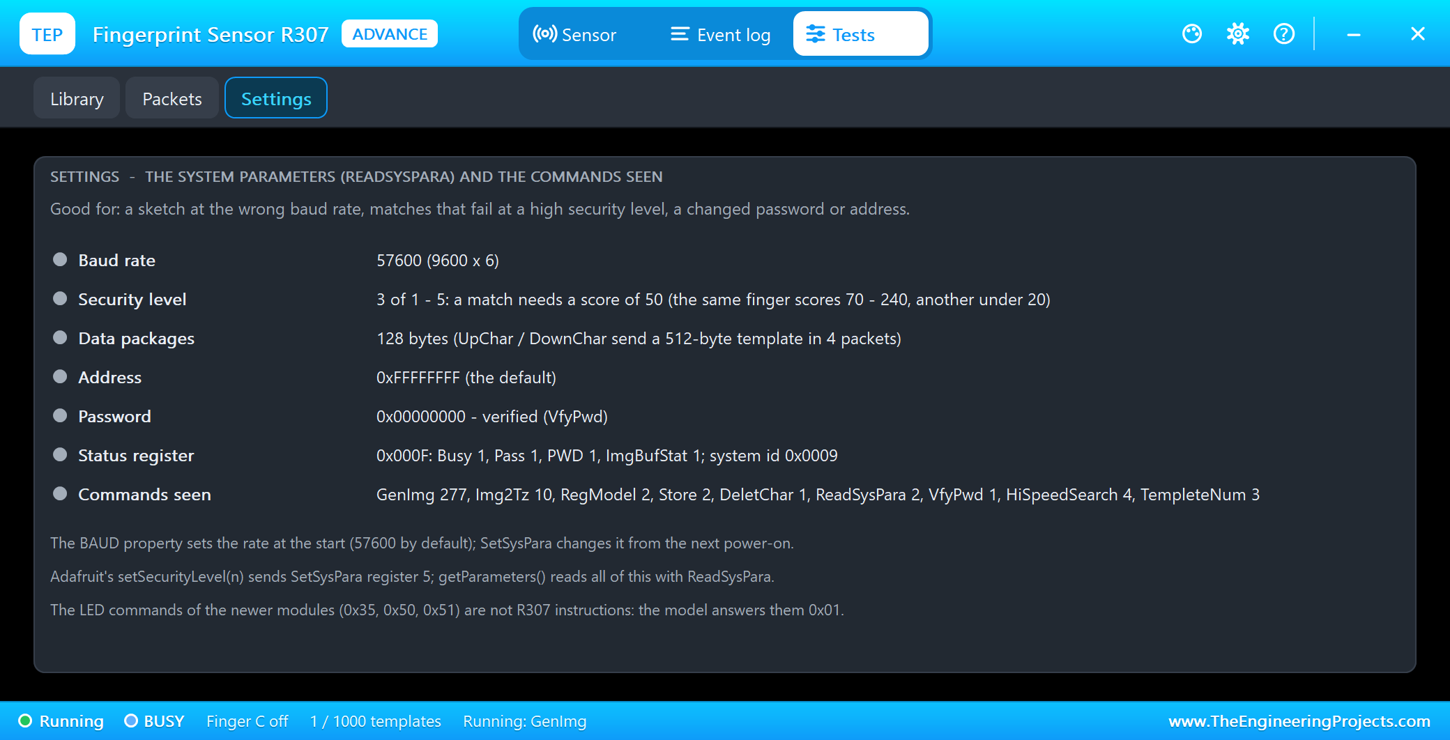 Fingerprint sensor Settings test tool: baud rate, security level, password and status register