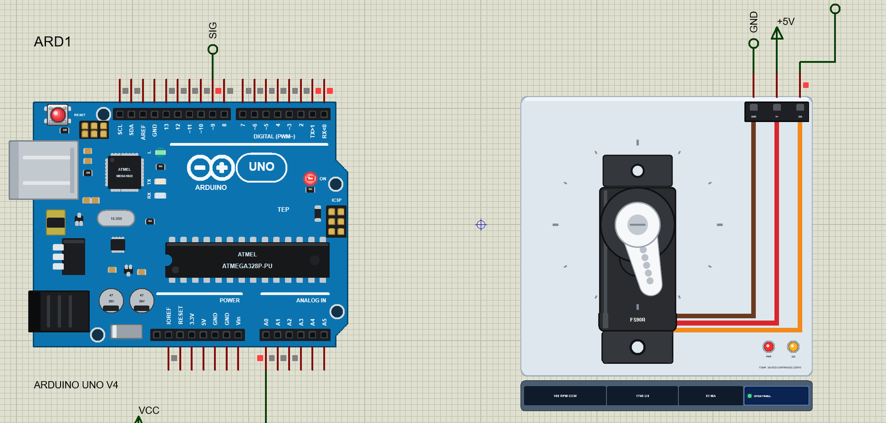 FS90R Continuous Servo Library for Proteus: an Arduino UNO V4.0 driving the FS90R 360 degree servo turning CCW at 108 RPM