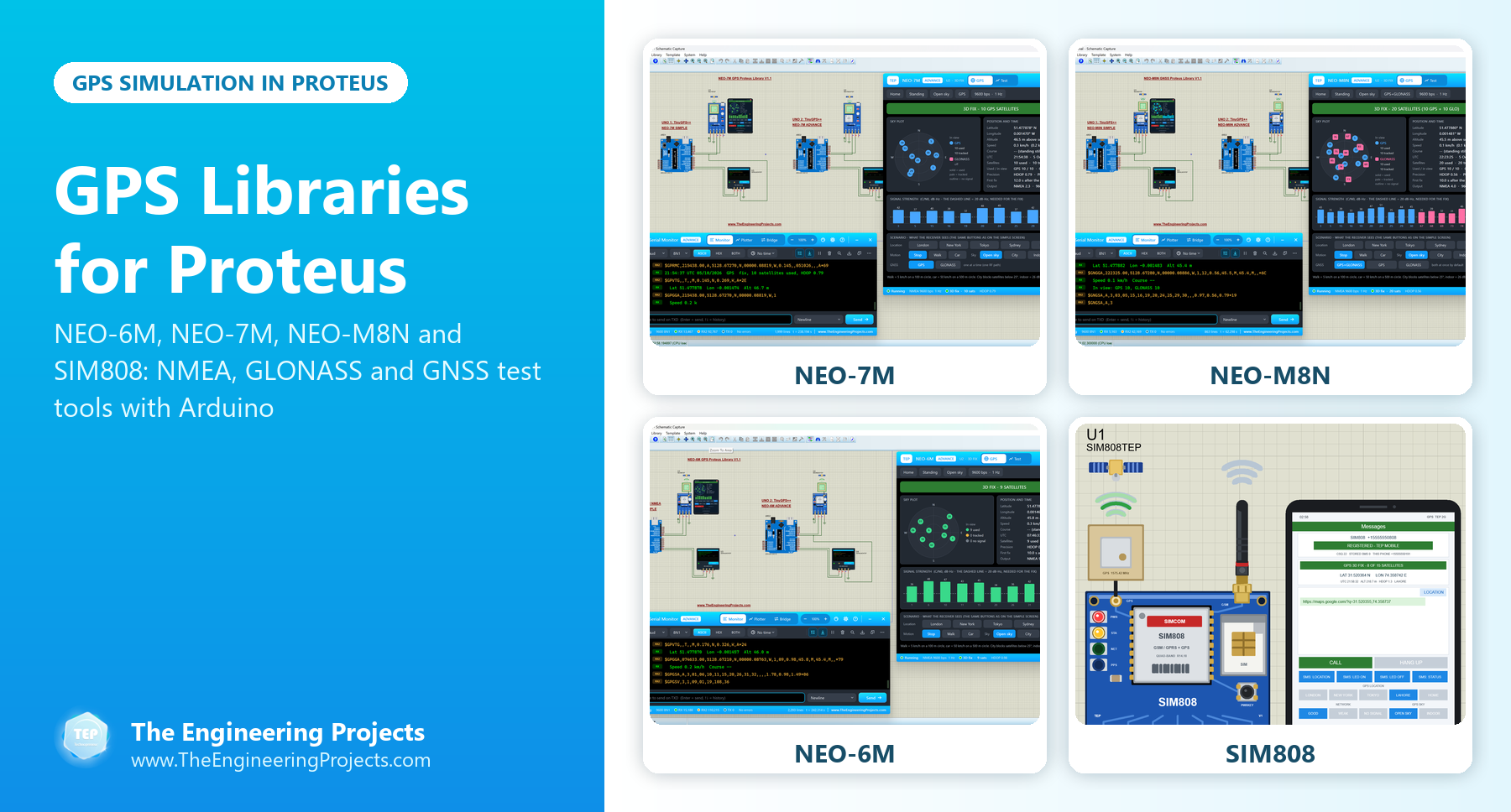 GPS Libraries for Proteus: NEO-6M, NEO-7M, NEO-M8N and SIM808 simulation with Arduino