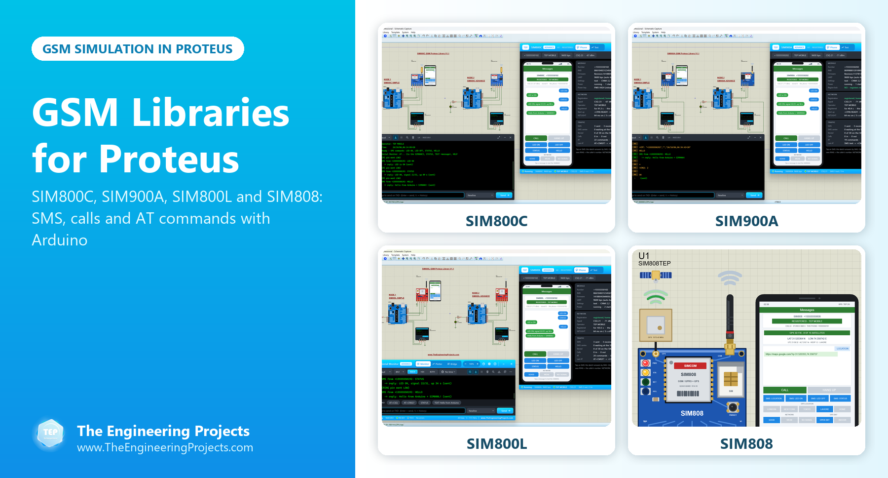 GSM Libraries for Proteus: SIM800C, SIM900A, SIM800L and SIM808 simulation with Arduino
