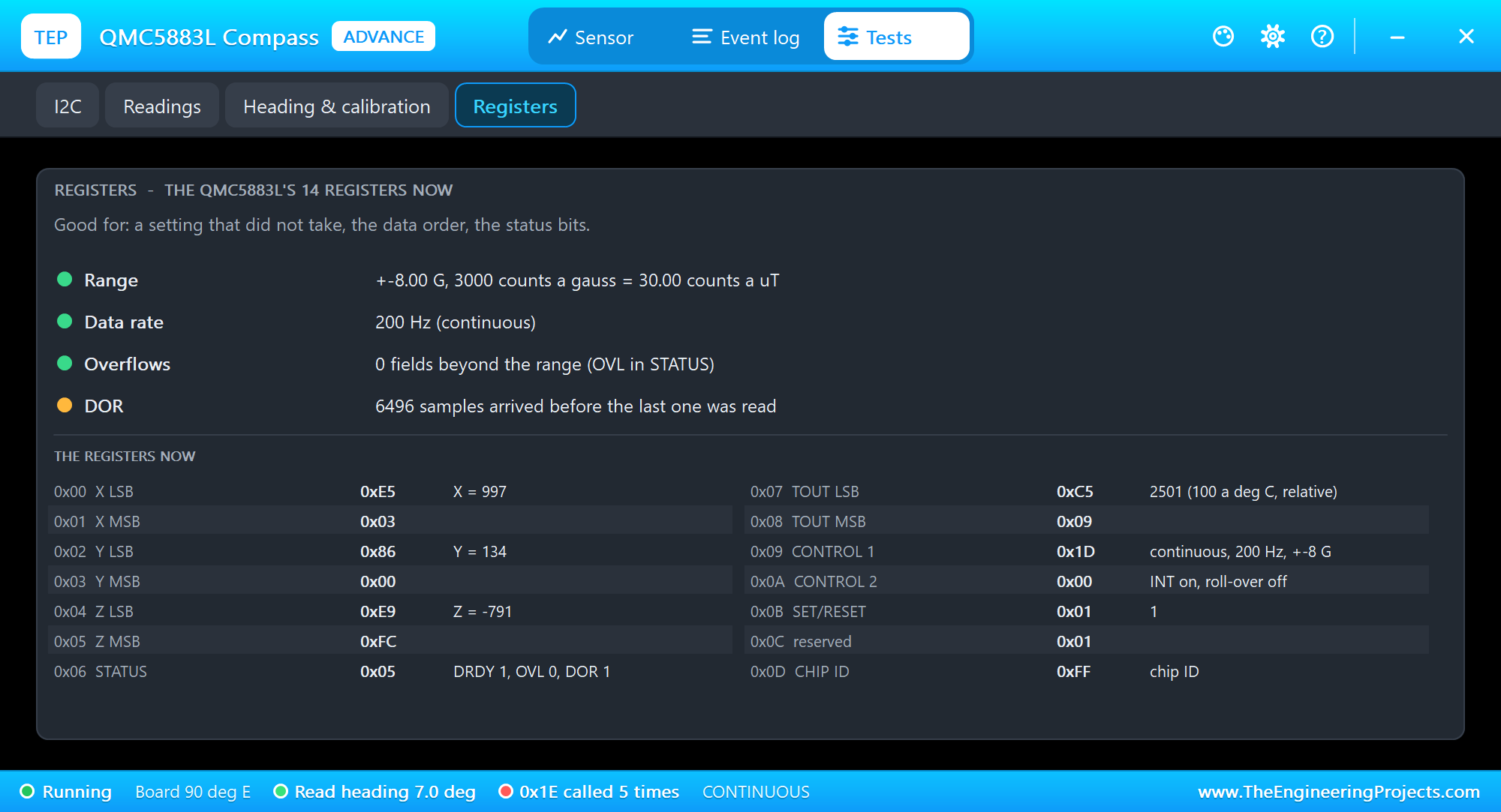 GY-271 Registers test tool in Proteus: the range, the data rate, the overflows, DOR and all 14 registers