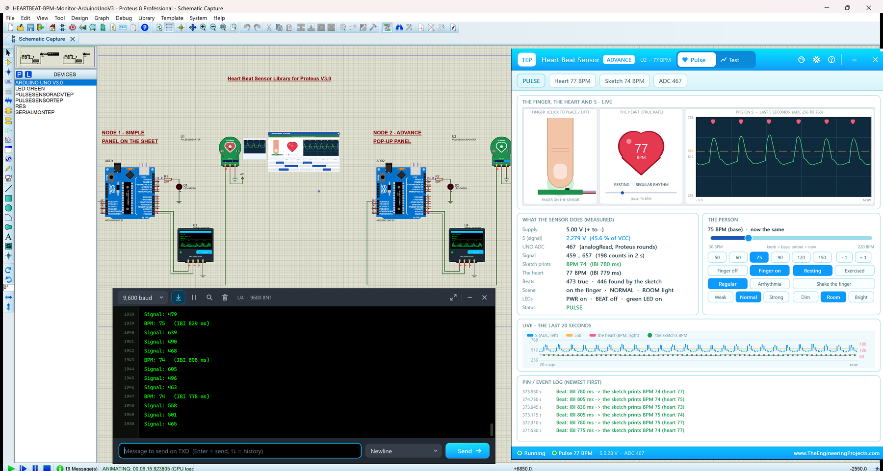 Heart Beat Sensor Library for Proteus V3.0: two Arduino UNOs with round green pulse sensor boards, the Heart Beat Sensor Advance pop-up Pulse page at 77 BPM with the PPG wave and the event log, and the TEP Serial Monitor printing BPM lines