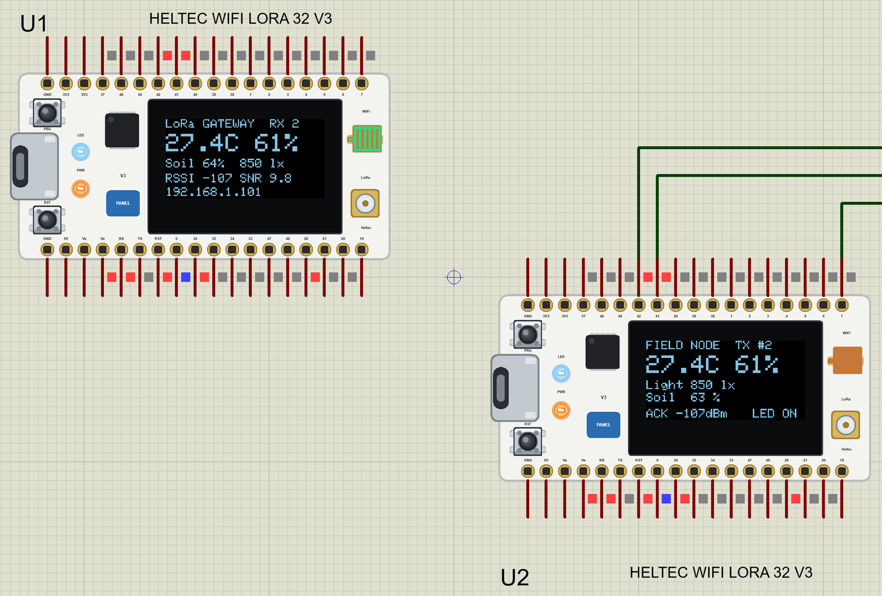 Heltec WiFi LoRa 32 V3 Library for Proteus: a LoRa field node and its Wi-Fi gateway with the OLEDs on