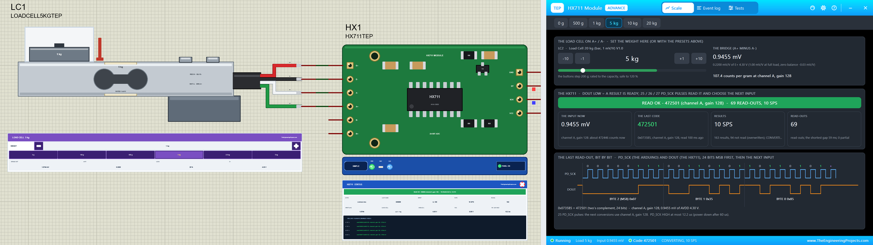 HX711 Load Cell Library for Proteus V1.0: an HX711 module with a 5 kg load cell and the Advance pop-up of a 20 kg scale