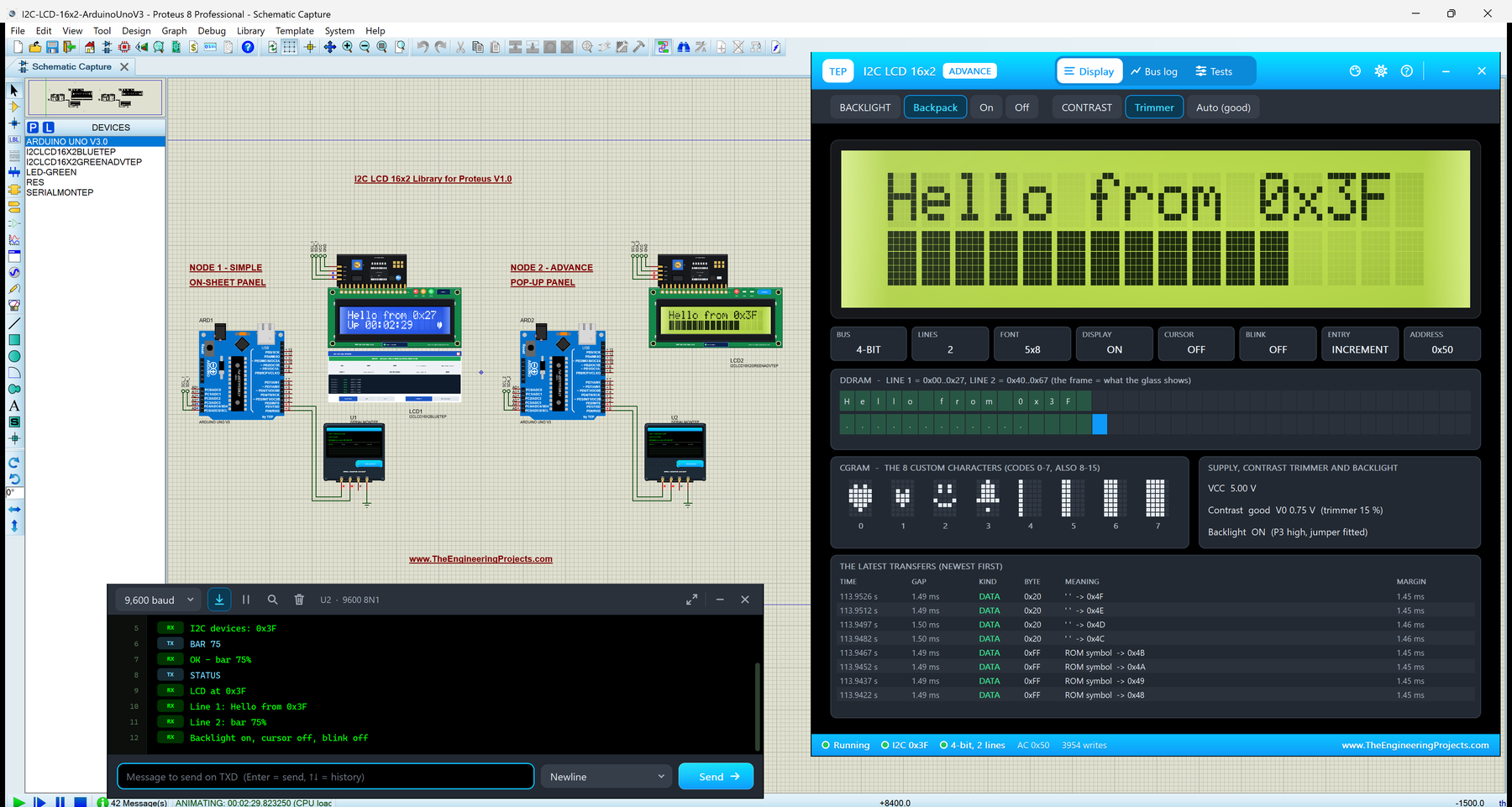 I2C LCD 16x2 Library for Proteus V1.0: two Arduino UNOs with a blue and a yellow-green I2C LCD and their PCF8574 backpacks, the I2C LCD 16x2 Advance pop-up Display page with a bar graph, and the TEP Serial Monitor printing SCAN and STATUS