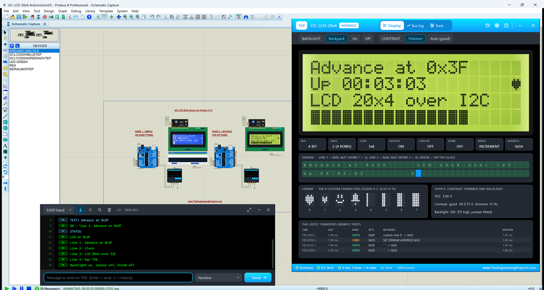 I2C LCD 20x4 Library for Proteus V1.0: two Arduino UNOs with a blue and a yellow-green I2C LCD 20x4 and their PCF8574 backpacks, the I2C LCD 20x4 Advance pop-up Display page with four rows of text and a bar graph, and the TEP Serial Monitor printing STATUS