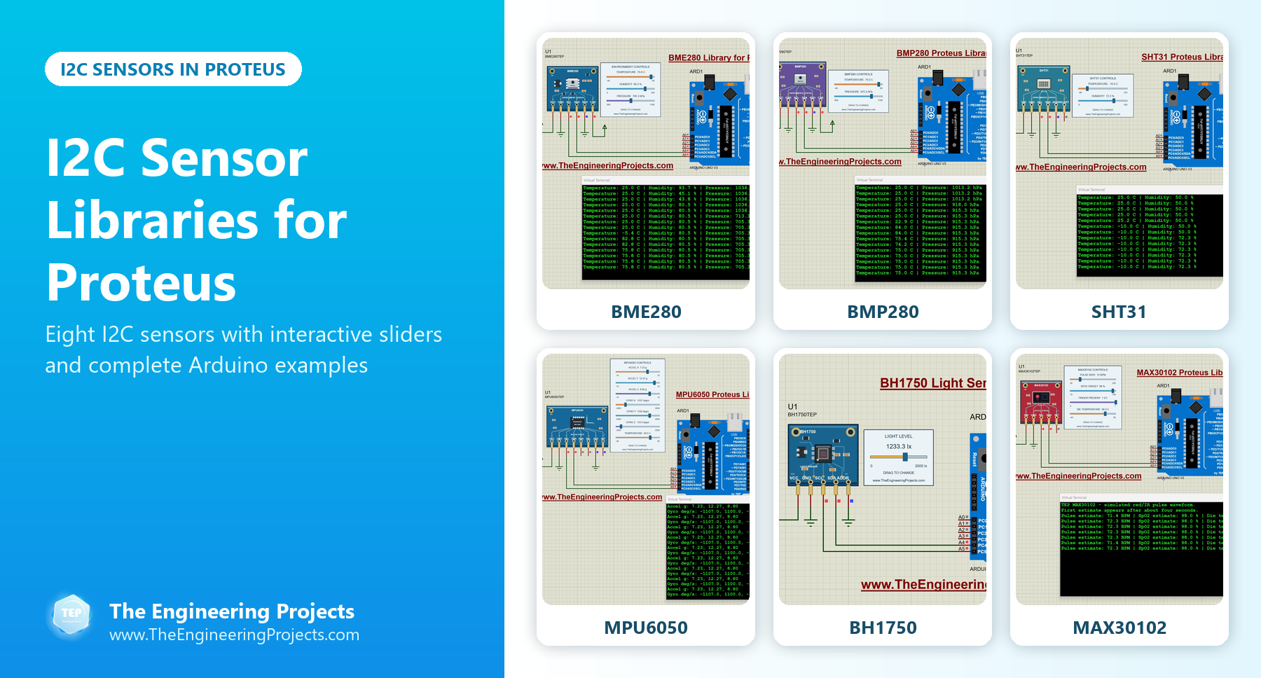 I2C Sensor Libraries for Proteus: BME280, BMP280, SHT31, MPU6050, BH1750 and MAX30102 simulation