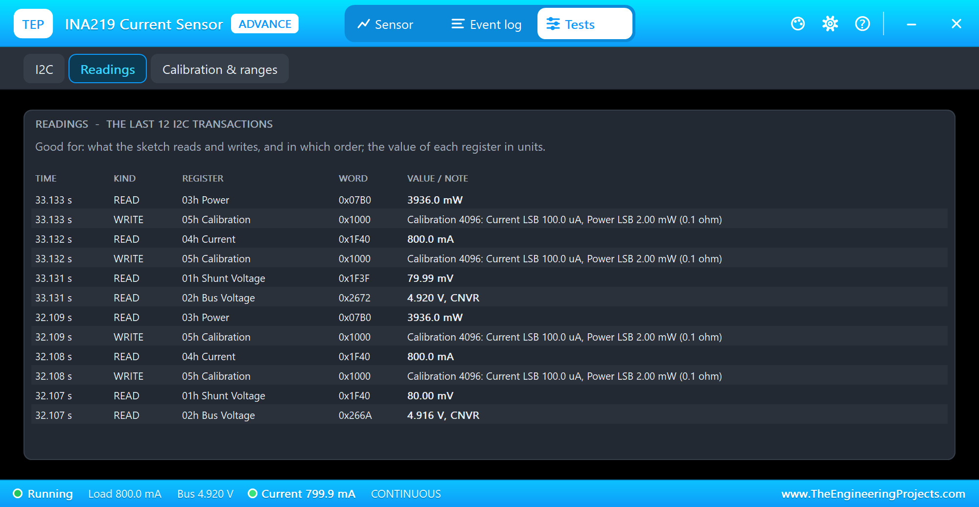 INA219 Readings test tool in Proteus: the last 12 I2C transactions with the register, the word and the value