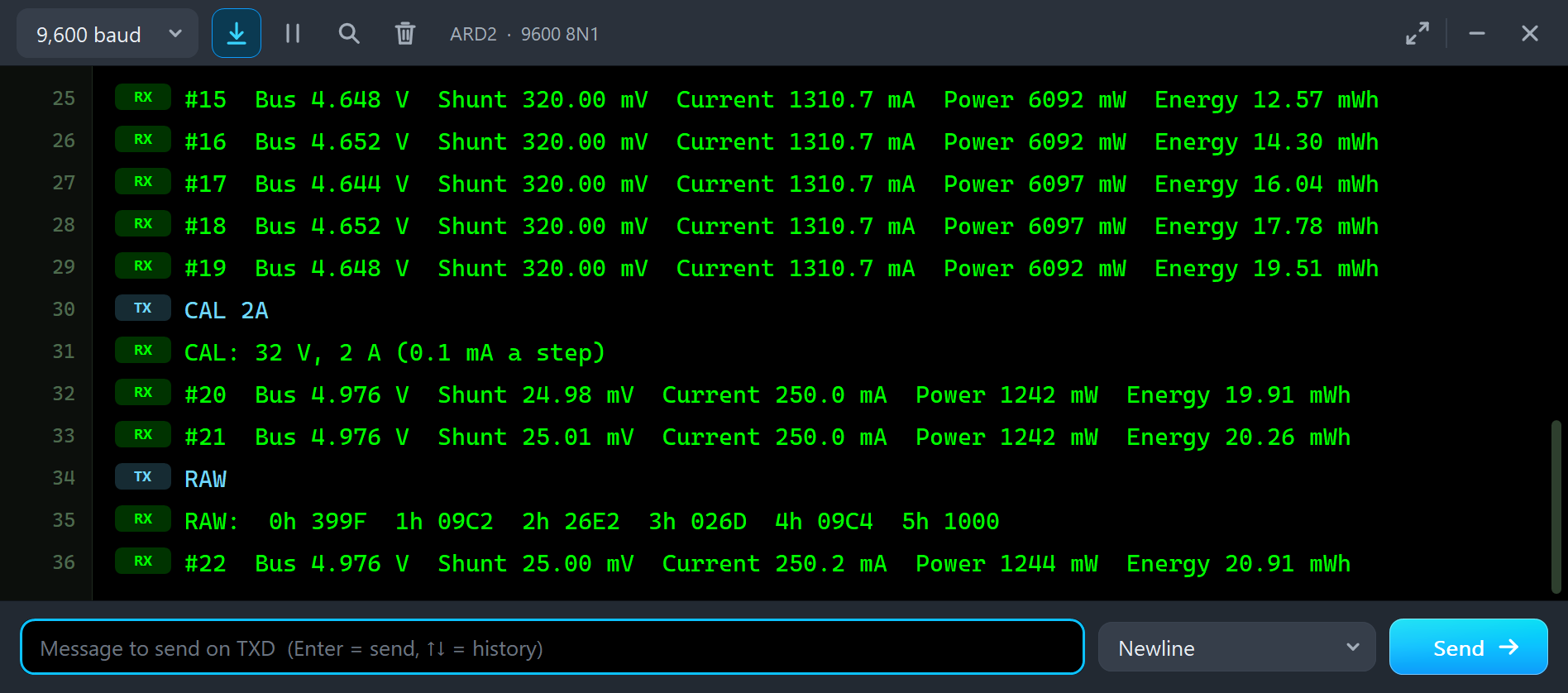 INA219 registers by hand in the built-in serial monitor: 399F, 09C2, 26E2, 026D, 09C4, 1000