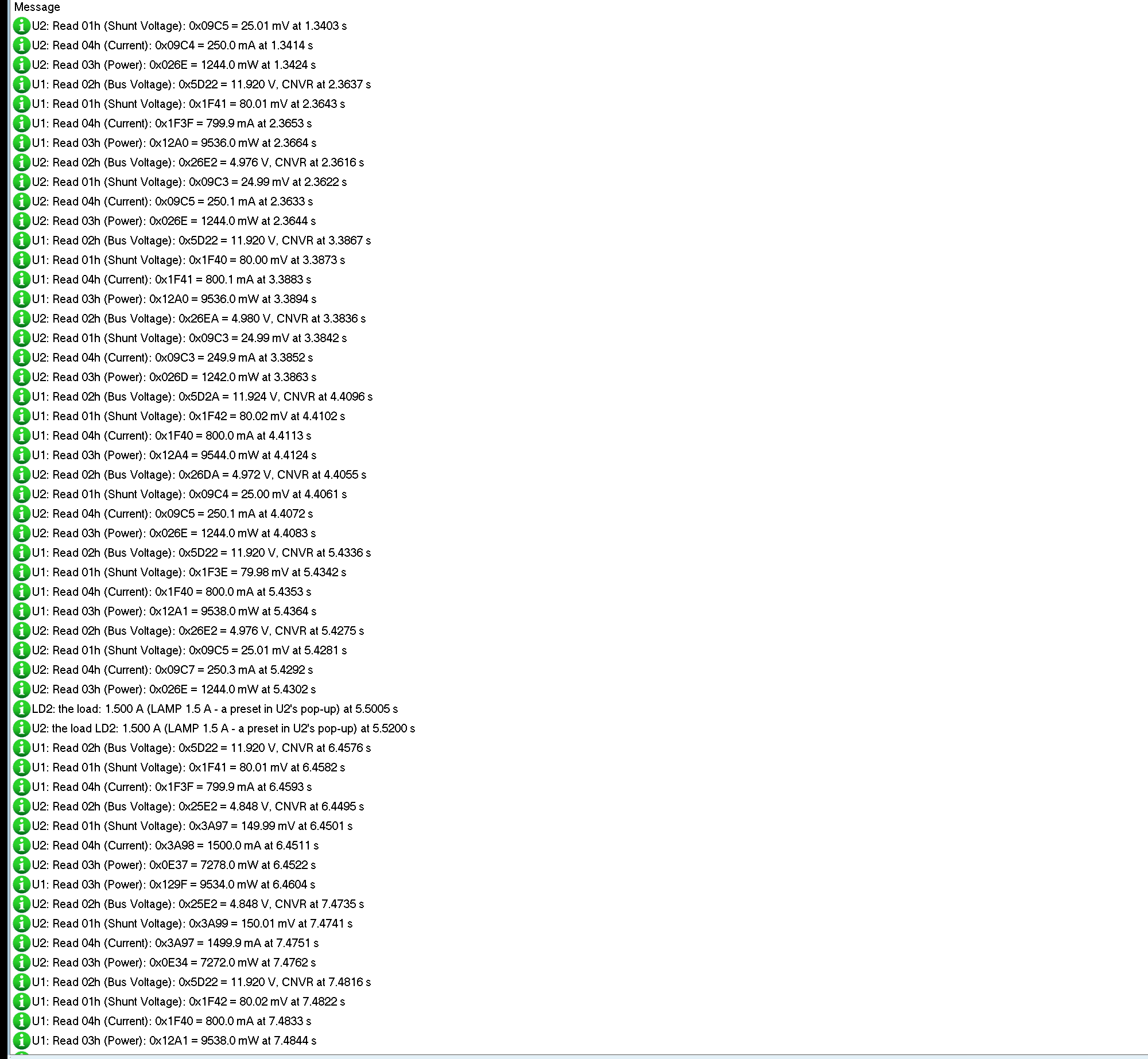 INA219 Proteus simulation log: the modules and the loads at the start, the register reads and a load change