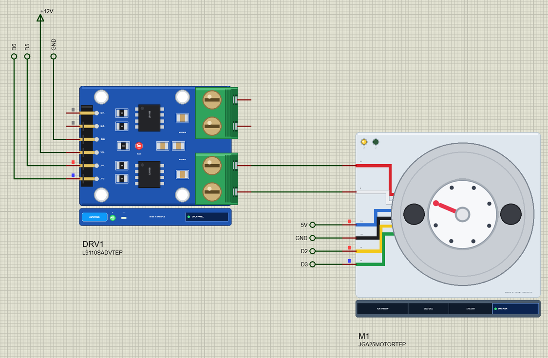 JGA25-370 Encoder Gear Motor Library for Proteus: the JGA25-370 turning at 121 RPM, driven by the L9110S on 12 V