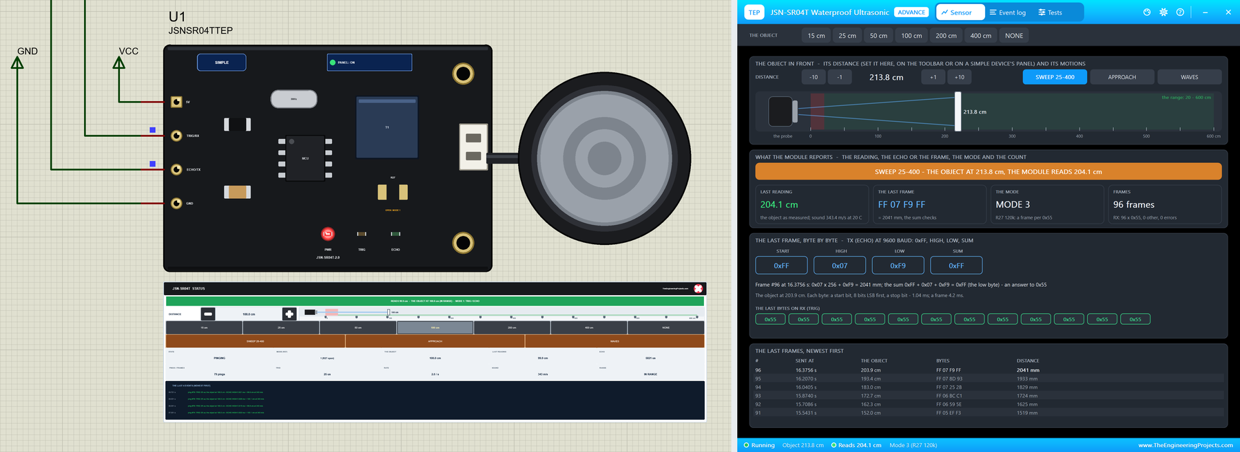 JSN-SR04T Waterproof Ultrasonic Sensor Library for Proteus V1.0: the module with its STATUS panel and the Advance pop-up