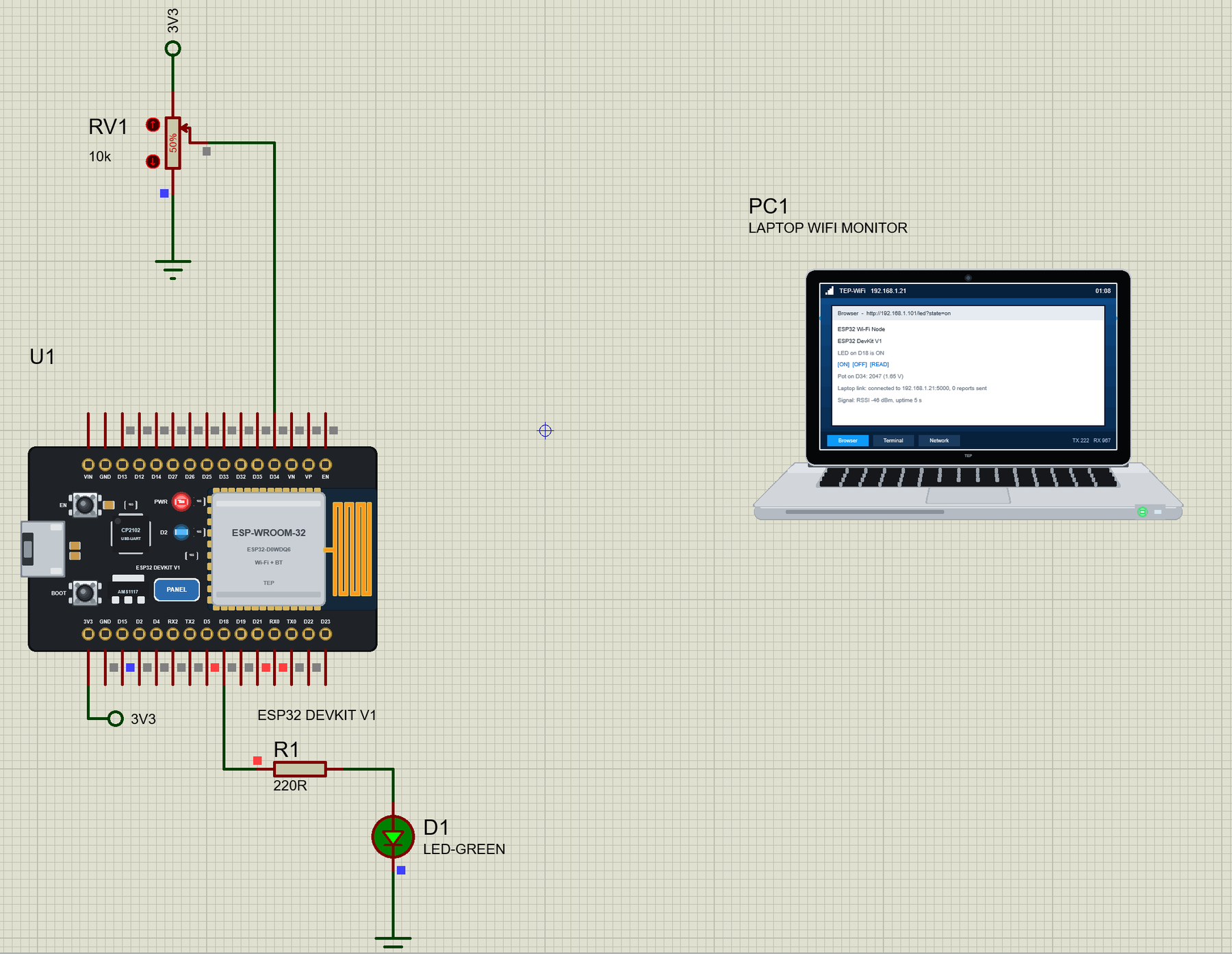 Laptop WiFi Monitor Library for Proteus: the TEP NoteBook showing an ESP32 web page in Proteus