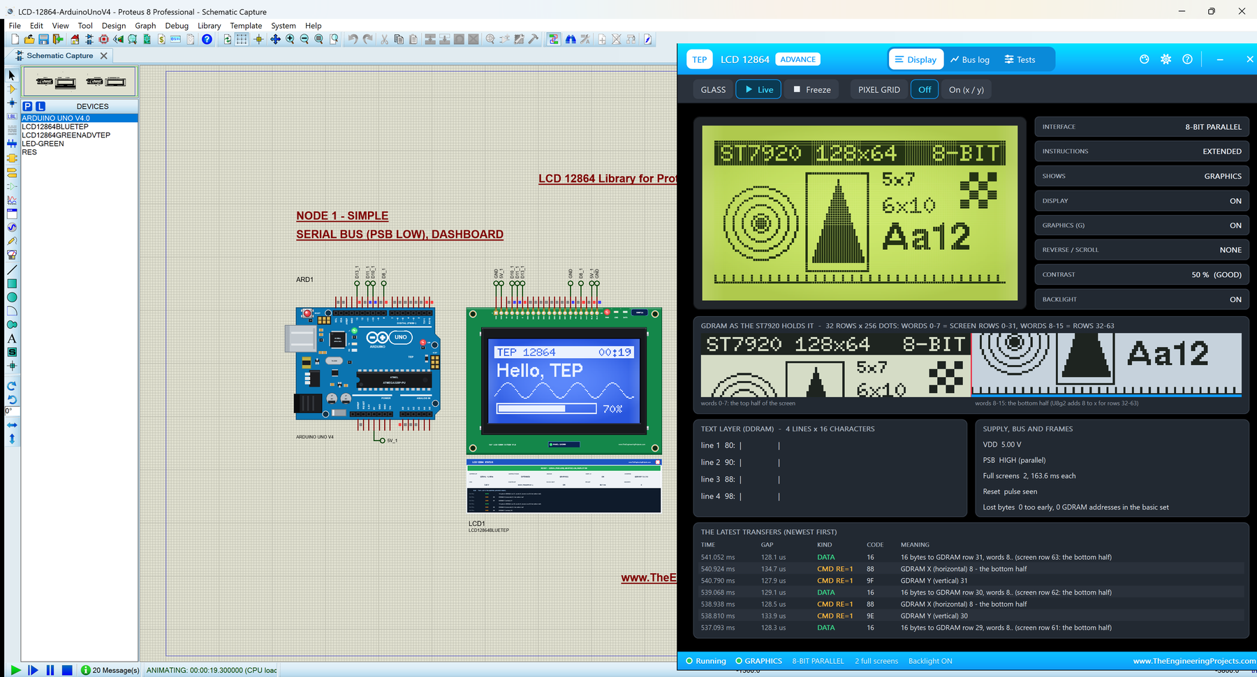 LCD 12864 Library for Proteus V1.0: an Arduino UNO V4.0 with the blue 12864 Simple showing a dashboard, and the LCD 12864 Advance pop-up Display page with the graphics test