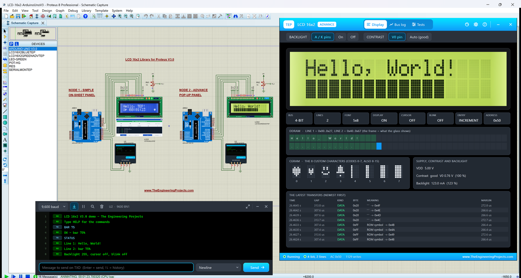 LCD 16x2 Library for Proteus V3.0: two Arduino UNOs with a blue and a yellow-green 16x2 LCD, the LCD 16x2 Advance pop-up Display page with a bar graph, and the TEP Serial Monitor printing the STATUS of the LCD