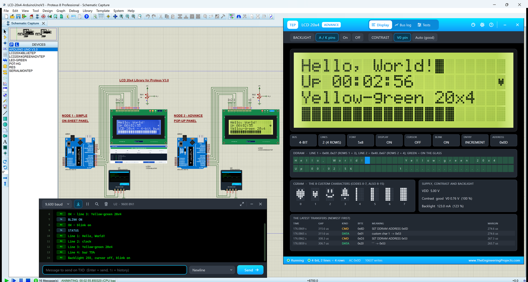 LCD 20x4 Library for Proteus V3.0: two Arduino UNOs with a blue and a yellow-green 20x4 LCD and their contrast pots, the LCD 20x4 Advance pop-up Display page with four rows of text and a bar graph, and the TEP Serial Monitor printing STATUS