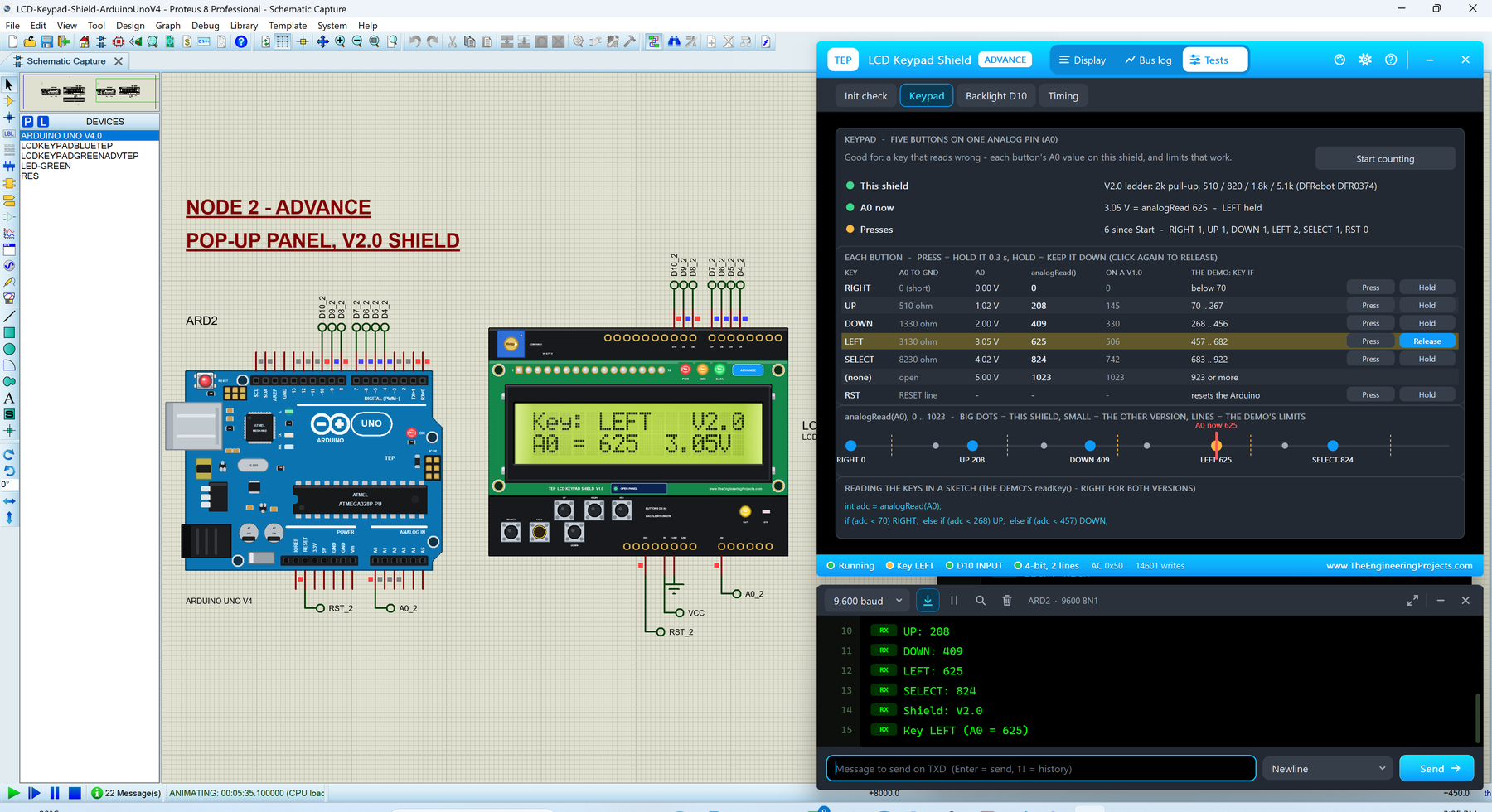 LCD Keypad Shield Library for Proteus V1.0: an Arduino UNO V4.0 with the yellow-green LCD keypad shield showing Key: LEFT V2.0 and A0 = 625 3.05V, the Advance pop-up Keypad tool and the built-in serial monitor with the key values