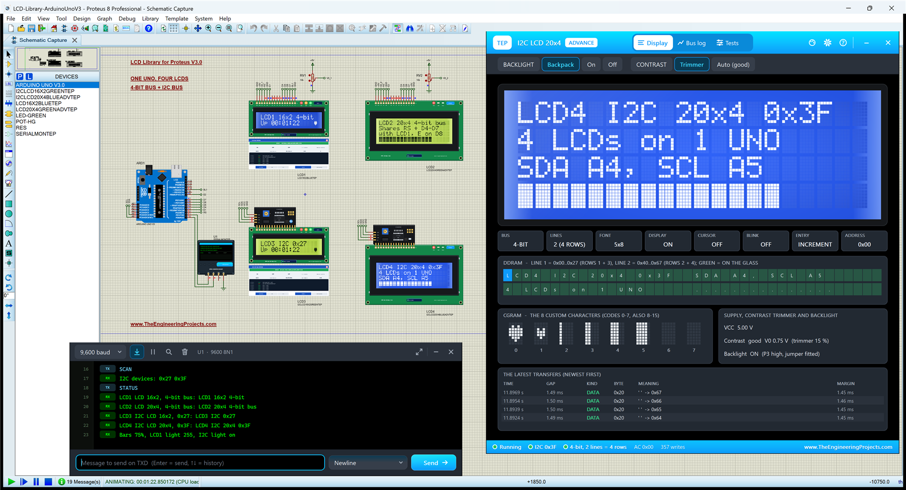 LCD Library for Proteus V3.0: one Arduino UNO driving an LCD 16x2, an LCD 20x4 and two I2C LCDs, the I2C LCD 20x4 Advance pop-up showing LCD4 I2C 20x4 0x3F, and the TEP Serial Monitor with SCAN and STATUS