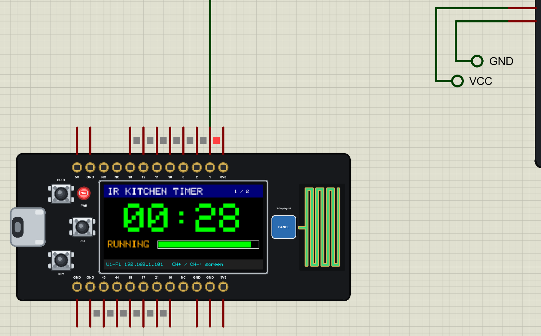 LilyGO T-Display S3 Library for Proteus: an IR kitchen timer counting down on the 1.9 inch display