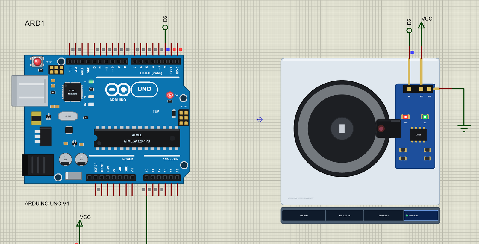 LM393 Speed Sensor Library for Proteus: an Arduino UNO V4.0 and the LM393 speed sensor with its encoder disc turning at 300 RPM