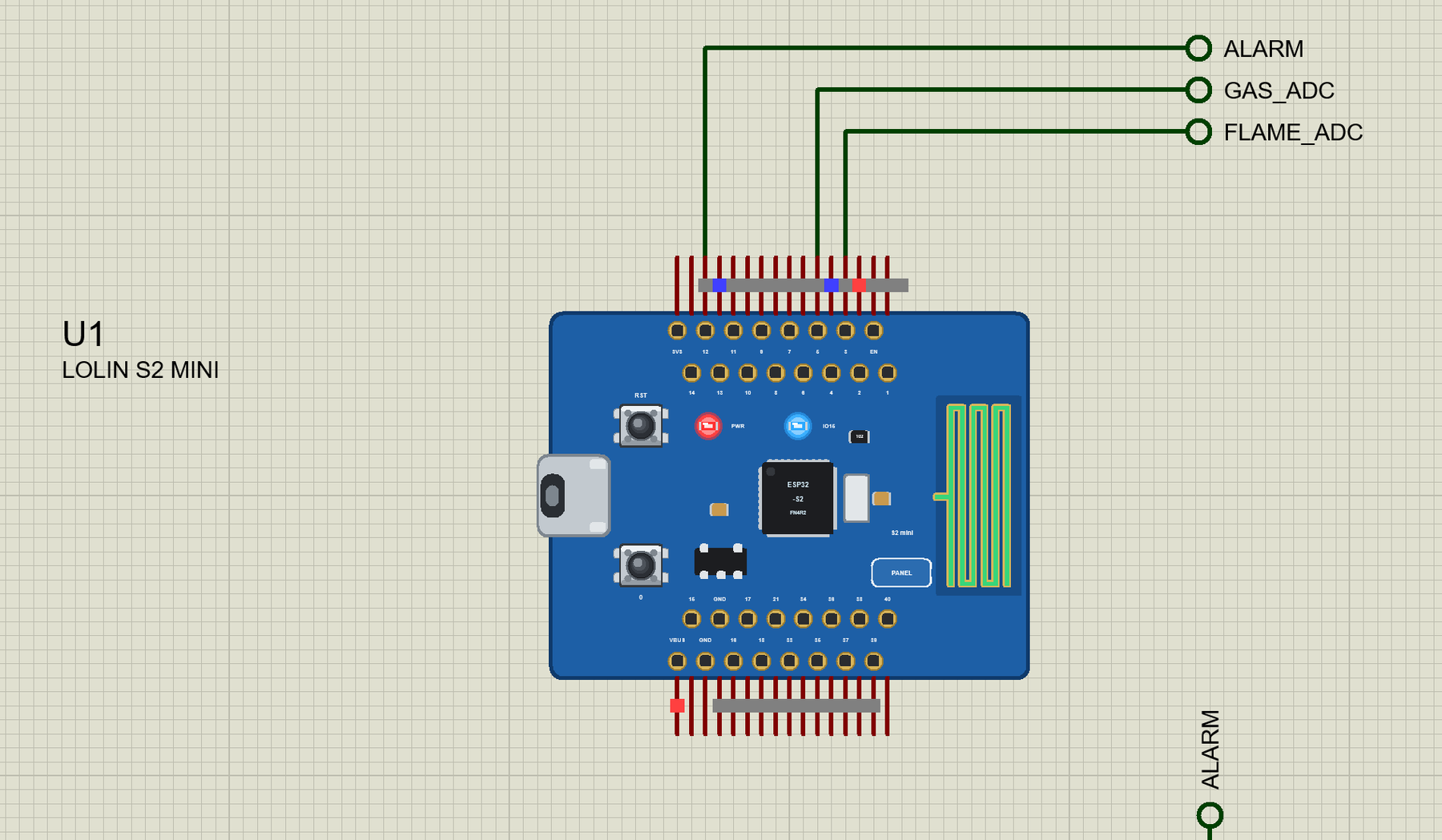 LOLIN S2 Mini Library for Proteus: a kitchen fire and gas alarm on Wi-Fi