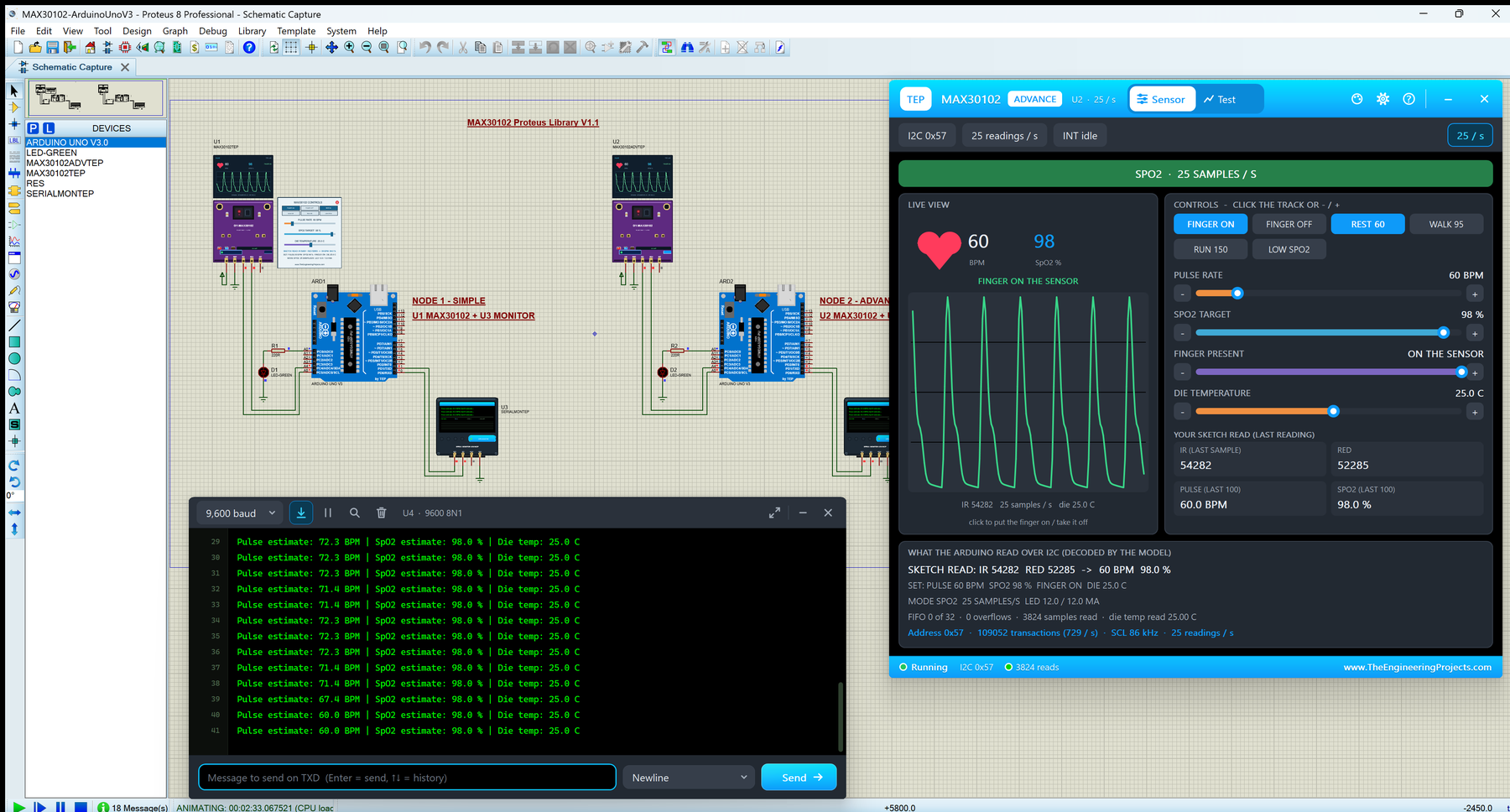 MAX30102 Sensor Library for Proteus V1.1: two Arduino UNOs with purple GY-MAX30102 boards, the MAX30102 Advance pop-up Sensor page at REST 60 with 60 BPM, 98 % SpO2 and the PPG pulse wave, and the TEP Serial Monitor printing the pulse estimates