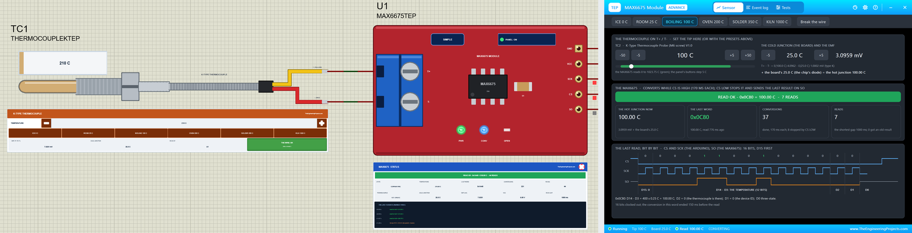 MAX6675 Thermocouple Library for Proteus V1.0: a K-type probe at 210 C on a MAX6675 module and the Advance pop-up