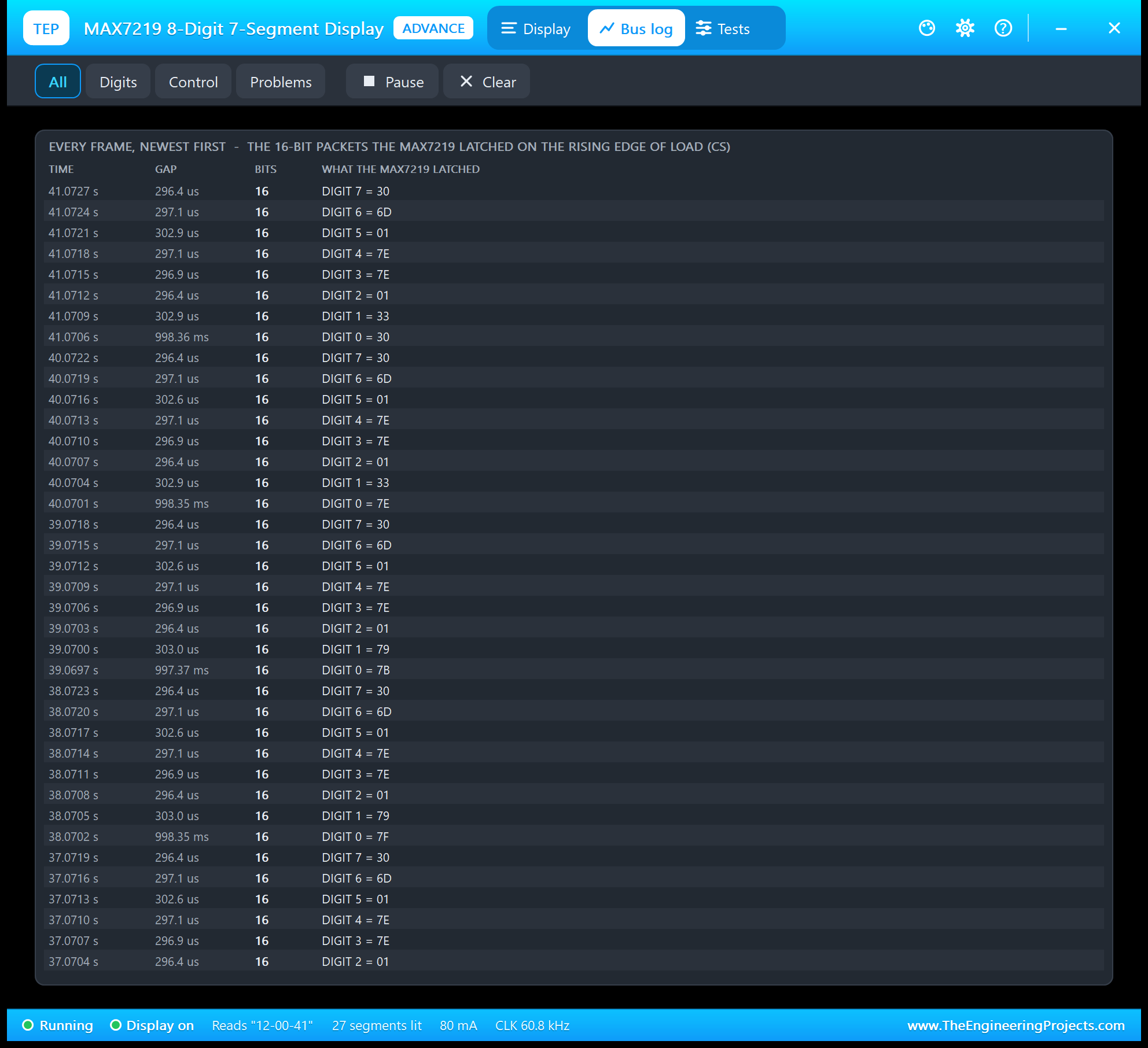 MAX7219 7-segment Advance bus log in Proteus: every 16-bit frame with its time, gap and the digit register written