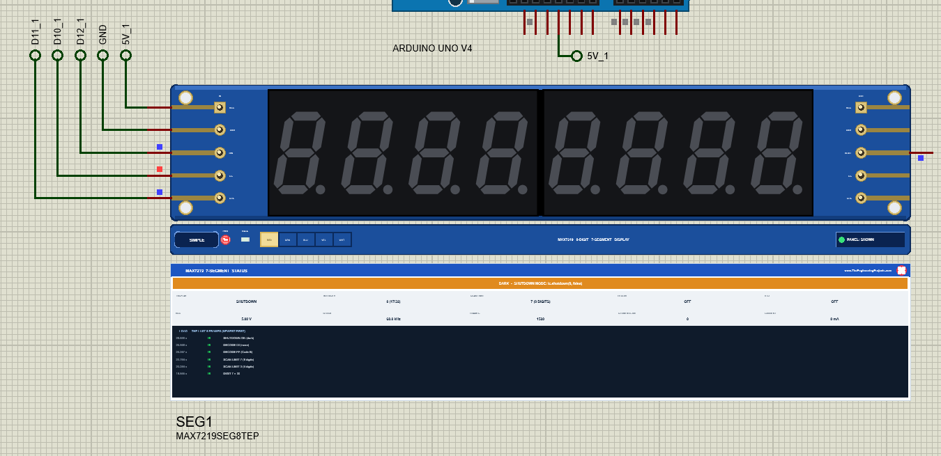 MAX7219 shutdown in Proteus: the 8 digits dark, the chip in shutdown with its registers kept, the amber banner