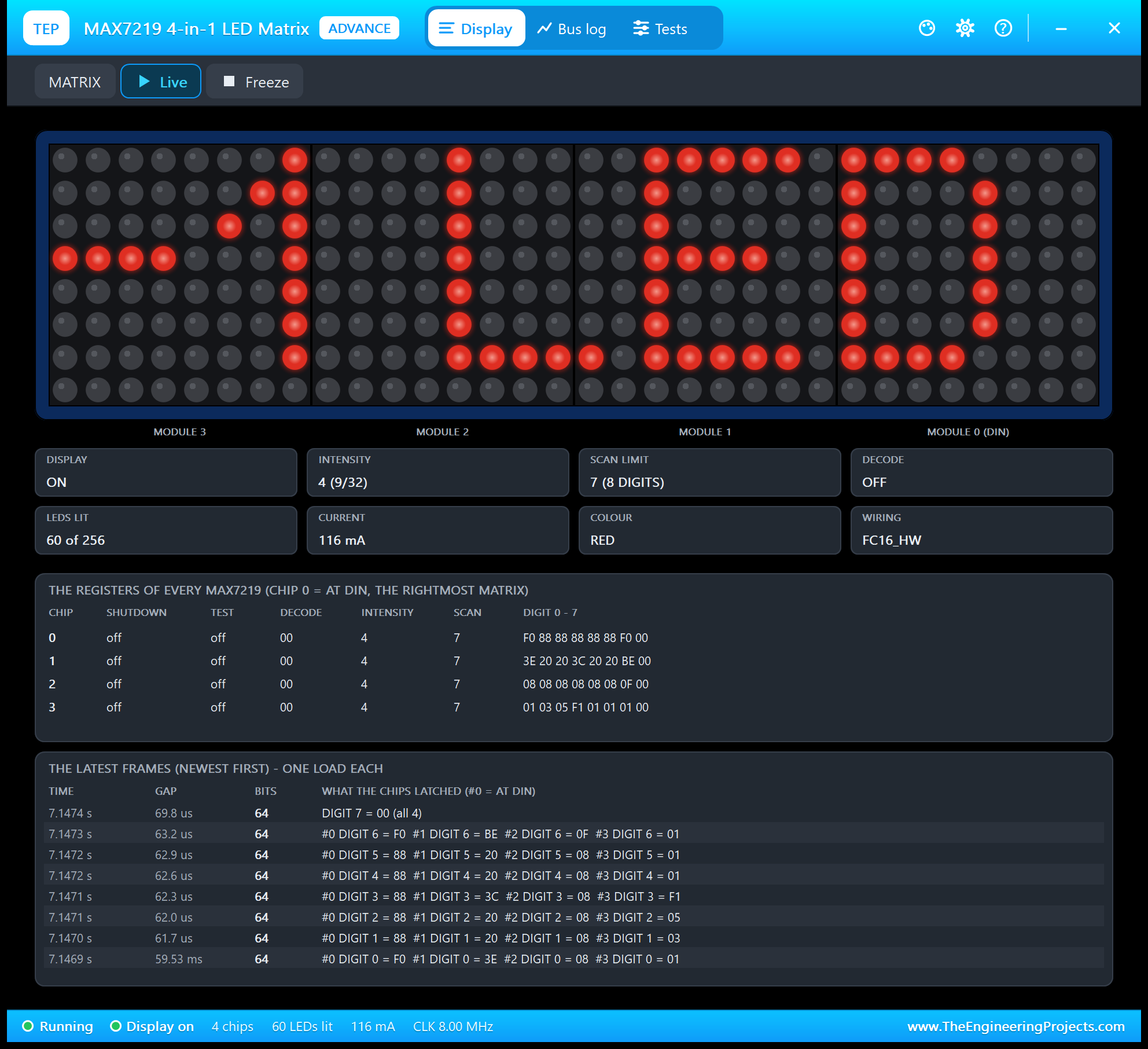 MAX7219 Advance Display page in Proteus: the 4-in-1 matrix with scrolling text, the tiles DISPLAY ON, INTENSITY 4, SCAN LIMIT 7, DECODE OFF, LEDS LIT, CURRENT, COLOUR and WIRING FC16_HW, the registers of the four chips