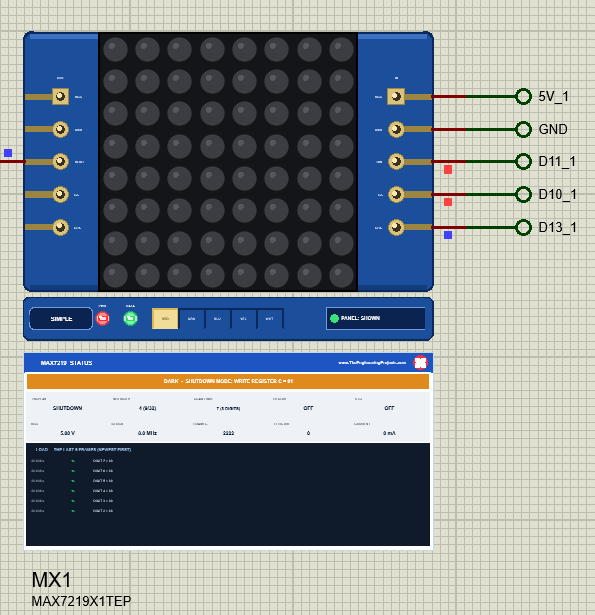 MAX7219 shutdown in Proteus: the single 8x8 matrix dark, the chip in shutdown with its registers kept
