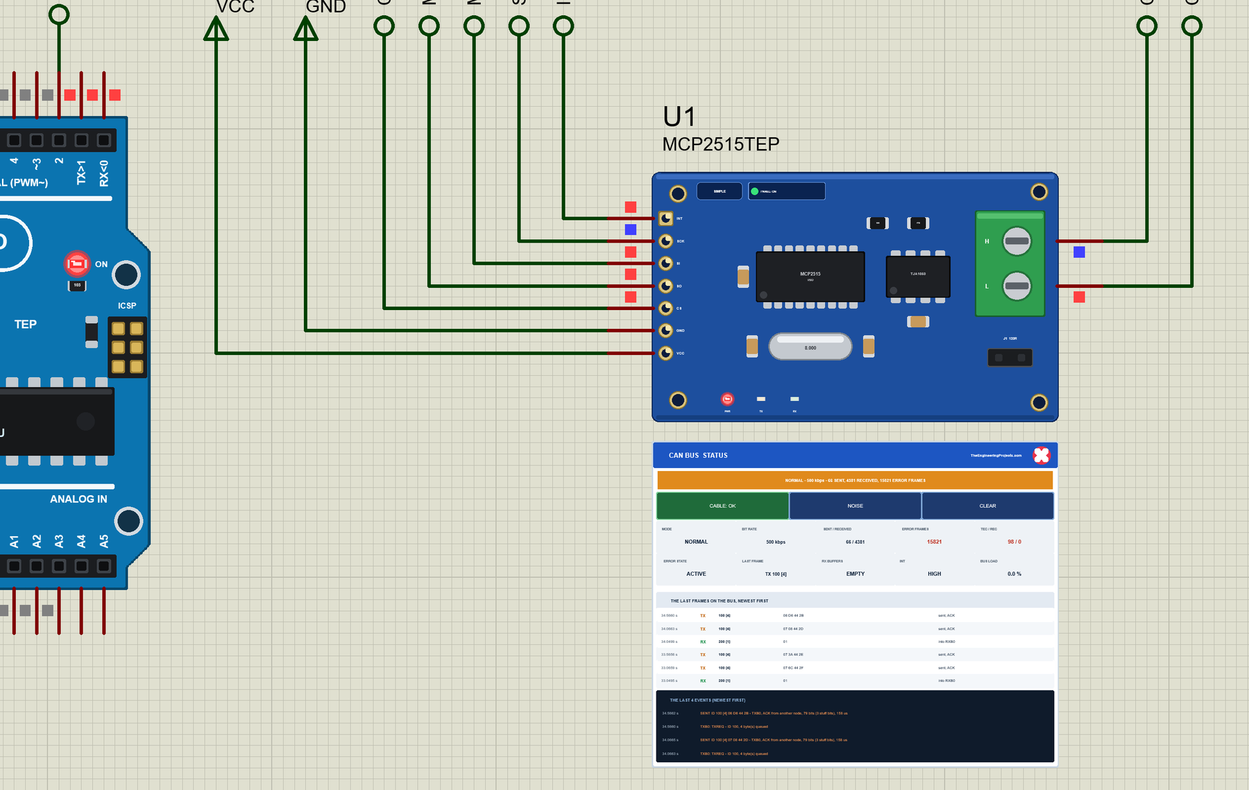 MCP2515 CAN Bus Module Library for Proteus V1.0: the module with its STATUS panel next to an Arduino UNO
