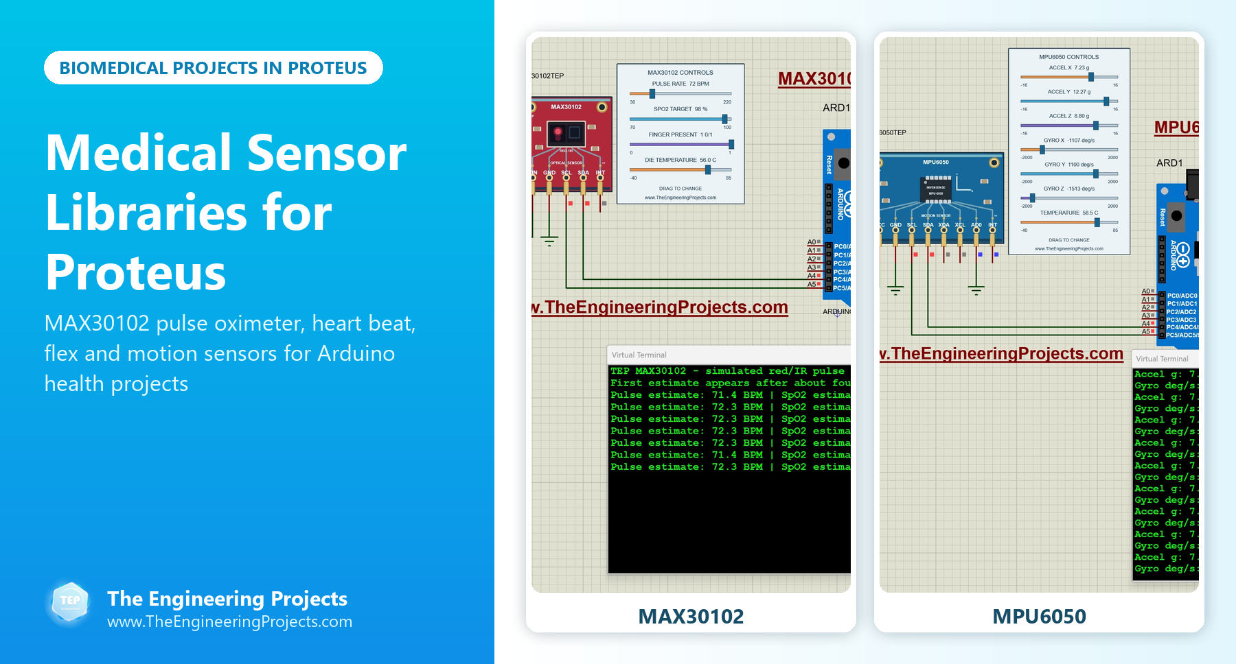 Medical Sensor Libraries for Proteus: MAX30102, heart beat, flex and MPU6050 sensors with Arduino