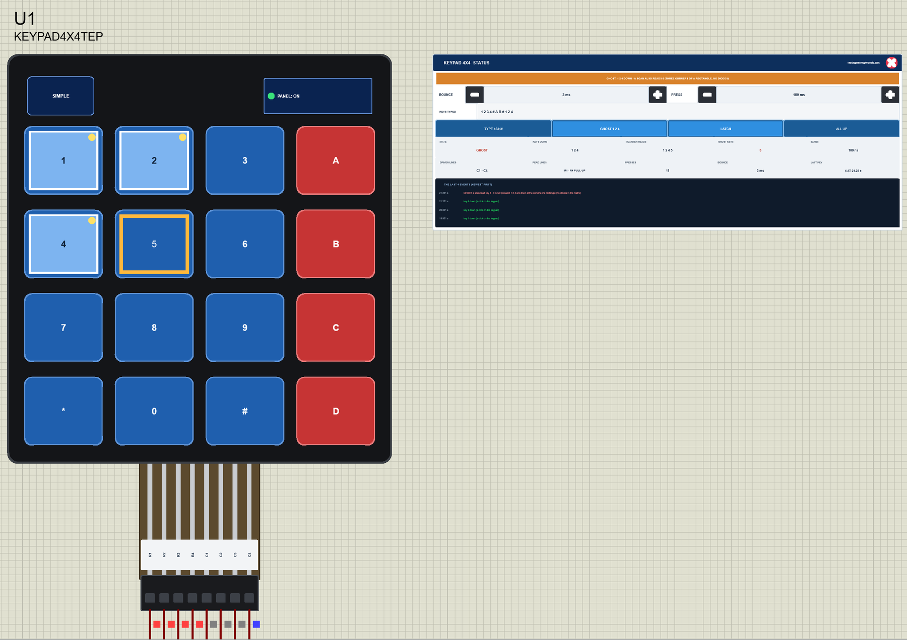 Membrane Keypad Library for Proteus V1.0: a 4x4 membrane keypad with its STATUS panel and a ghost key